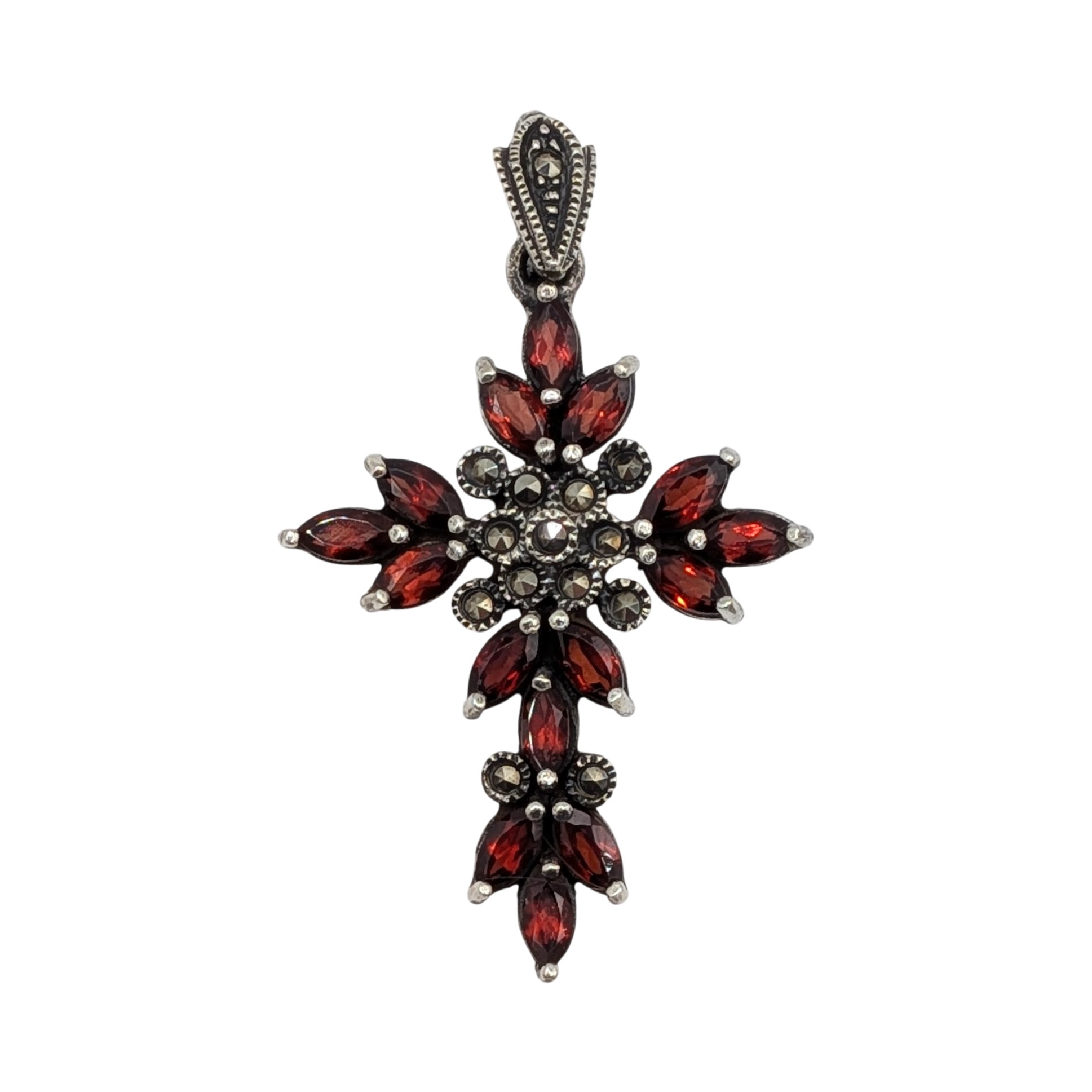 Signed Sterling Silver Garnet Marcasite Cluster Cross Pendant