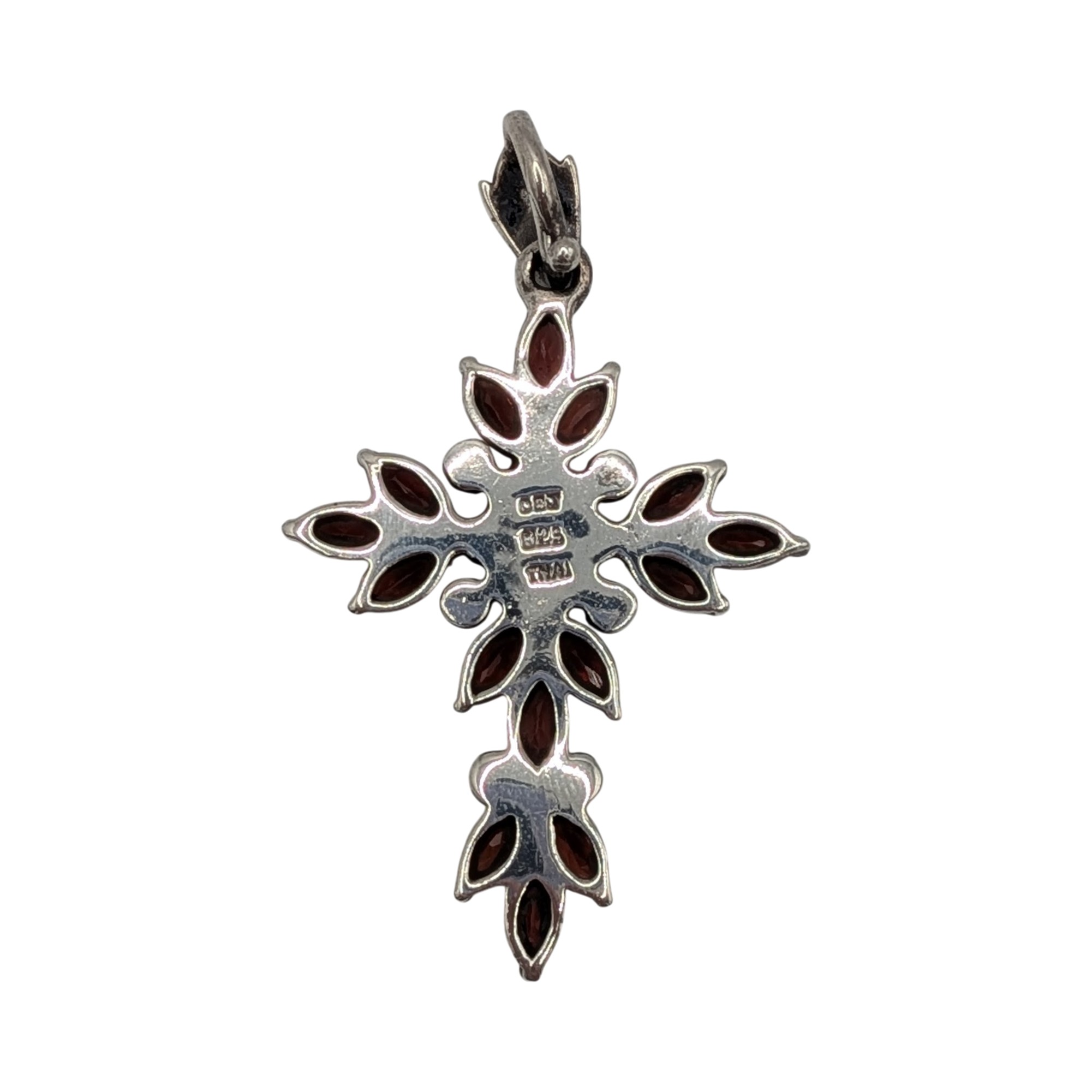 Signed Sterling Silver Garnet Marcasite Cluster Cross Pendant