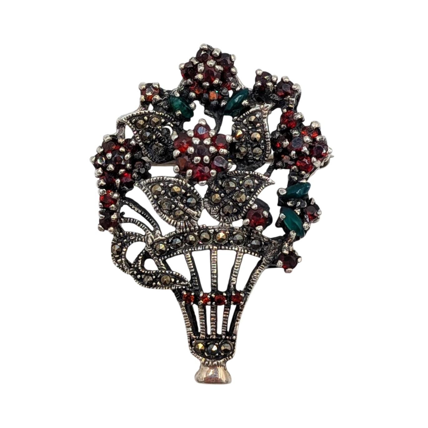 Signed Sterling Silver Multi-Stone Floral Vase Brooch Pendant