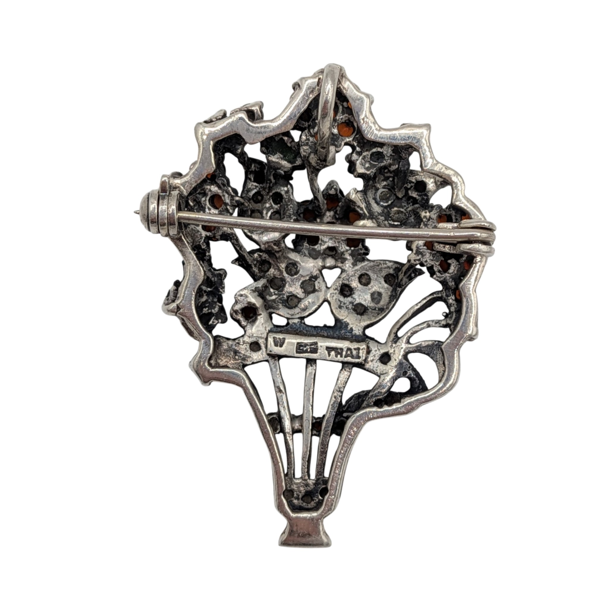 Signed Sterling Silver Multi-Stone Floral Vase Brooch Pendant