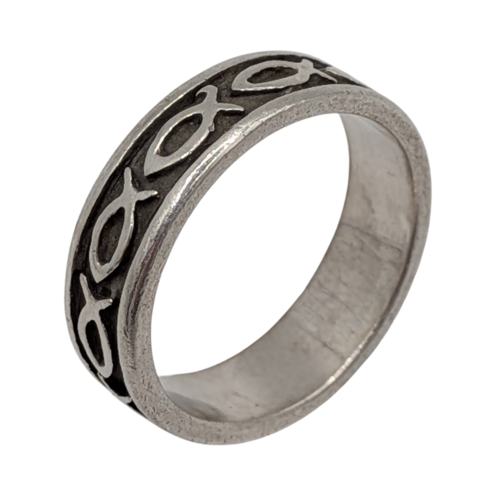Signed Sterling Silver Ichthus Symbol Band Ring Size 7
