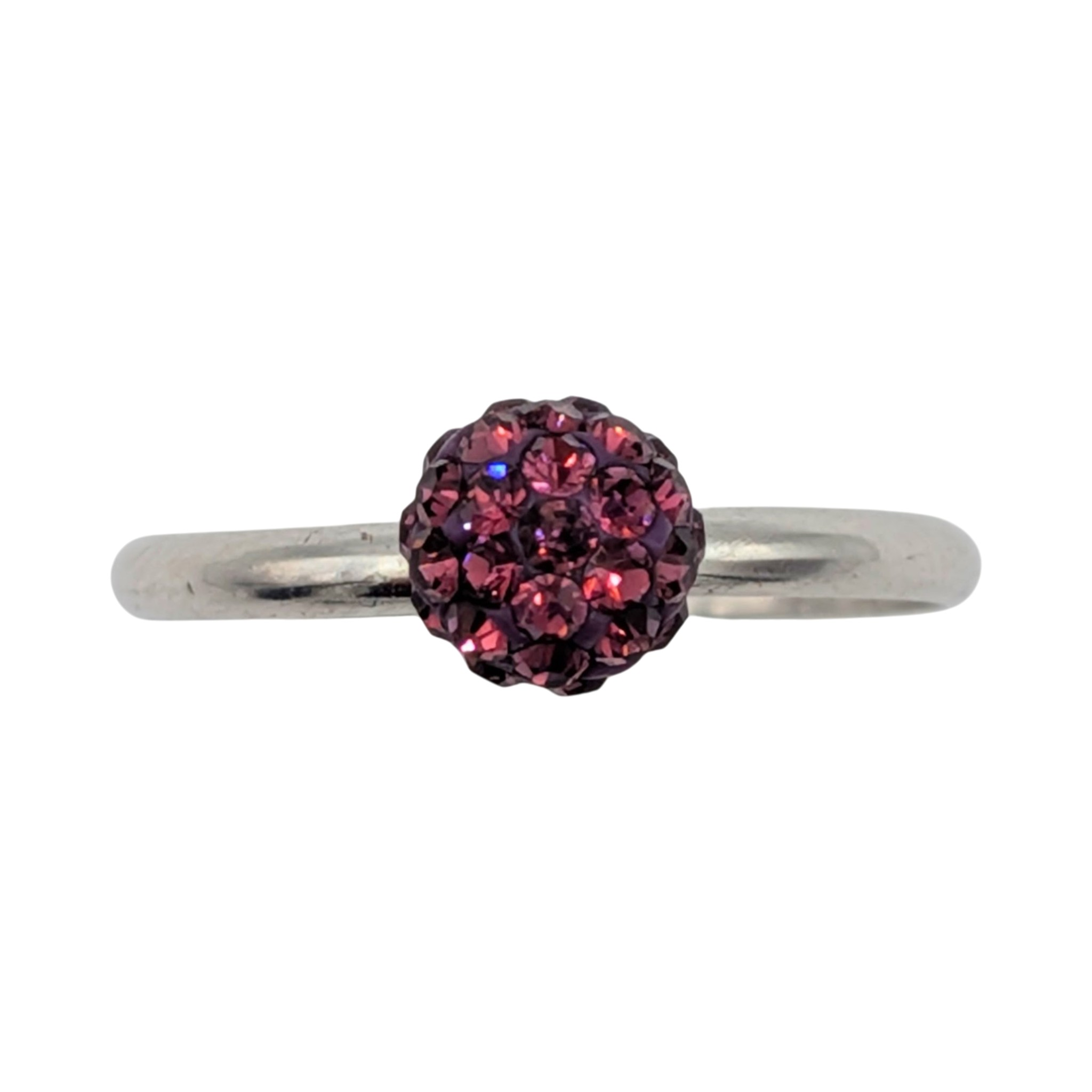Signed Sterling Silver Purple Rhinestone Studded Ball Ring Size 7