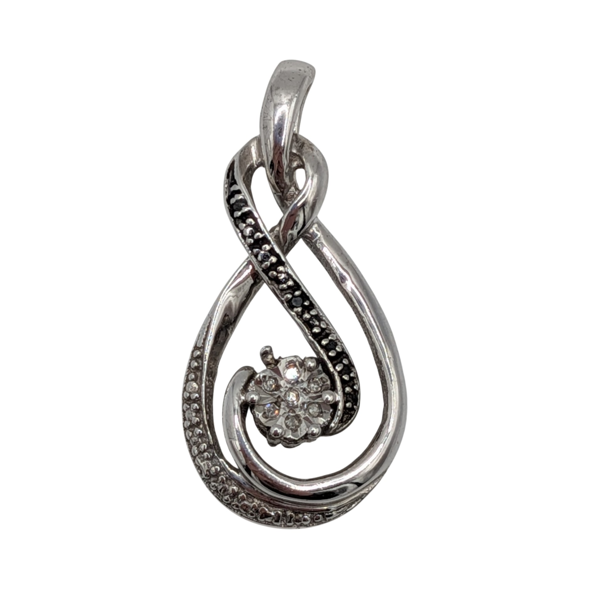 Sterling Silver Two Tone Diamond Double Swirl Drop Pendant