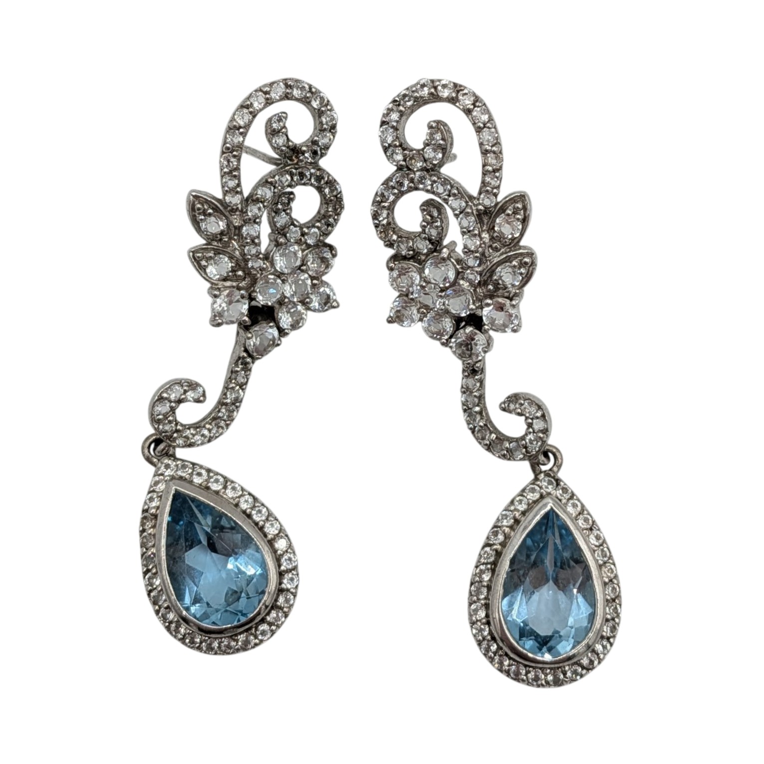 Signed Sterling Silver Two Tone Topaz Floral Vine Drop Stud Earrings