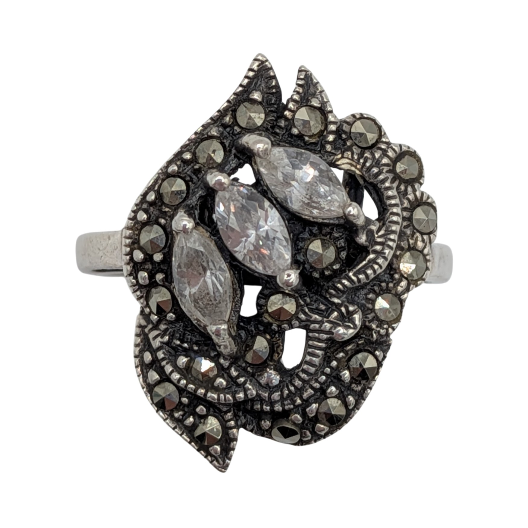 Signed Sterling Silver Rhinestone Marcasite Floral Detail Ring Size 7