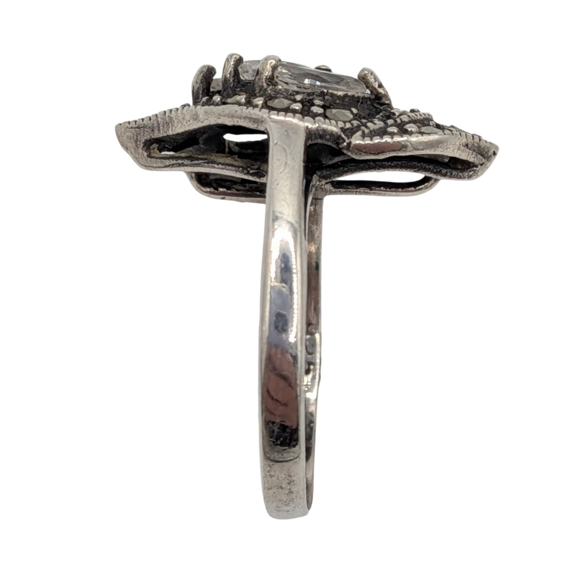 Signed Sterling Silver Rhinestone Marcasite Floral Detail Ring Size 7