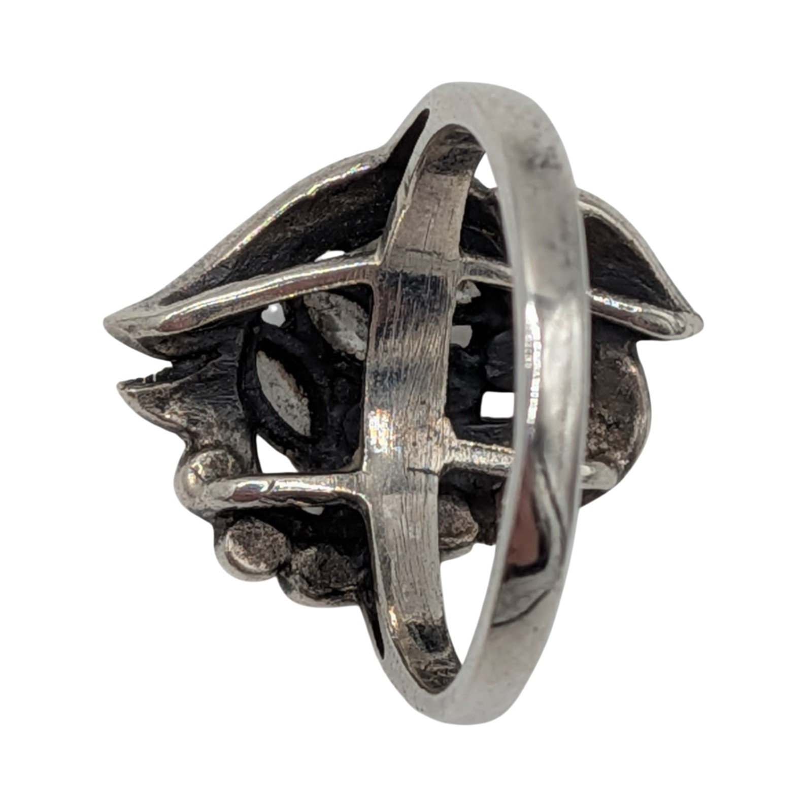 Signed Sterling Silver Rhinestone Marcasite Floral Detail Ring Size 7