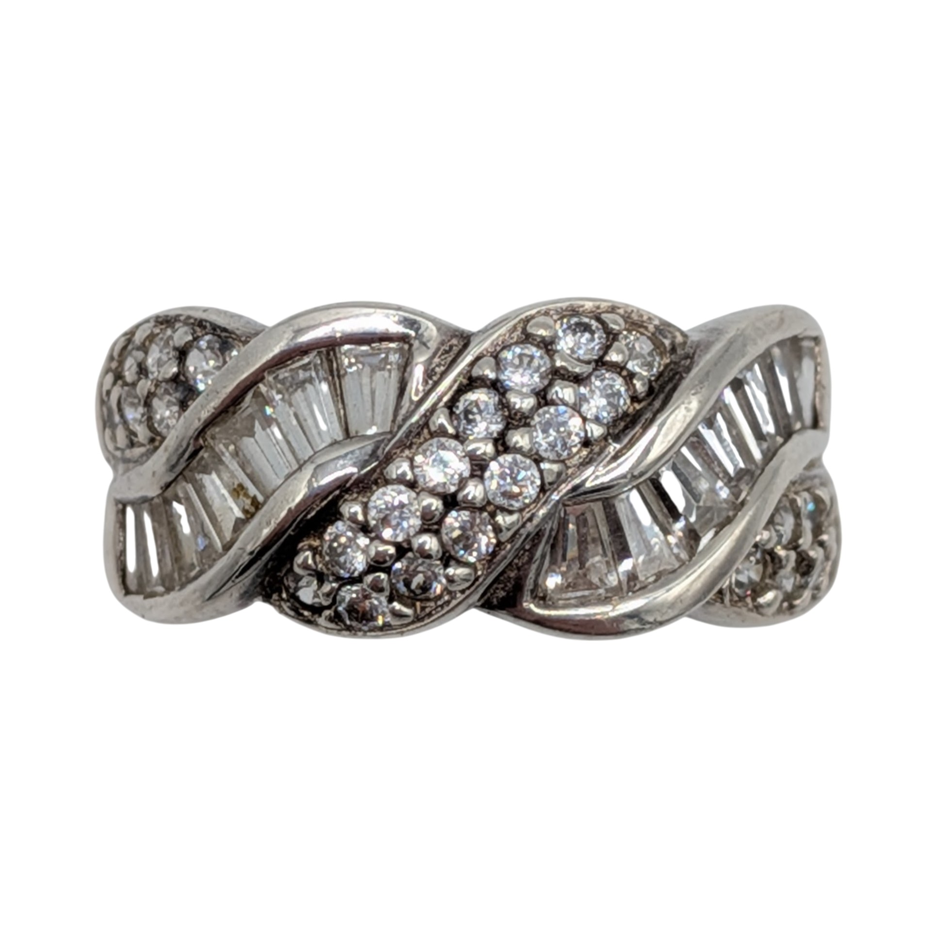 Signed Sterling Silver CZ Double Cut Twist Statement Ring Size 7
