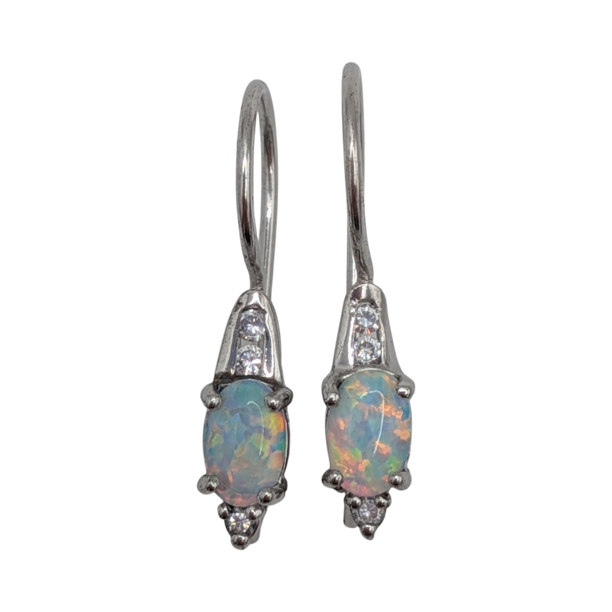 Signed Sterling Silver Opal CZ Drop Earrings