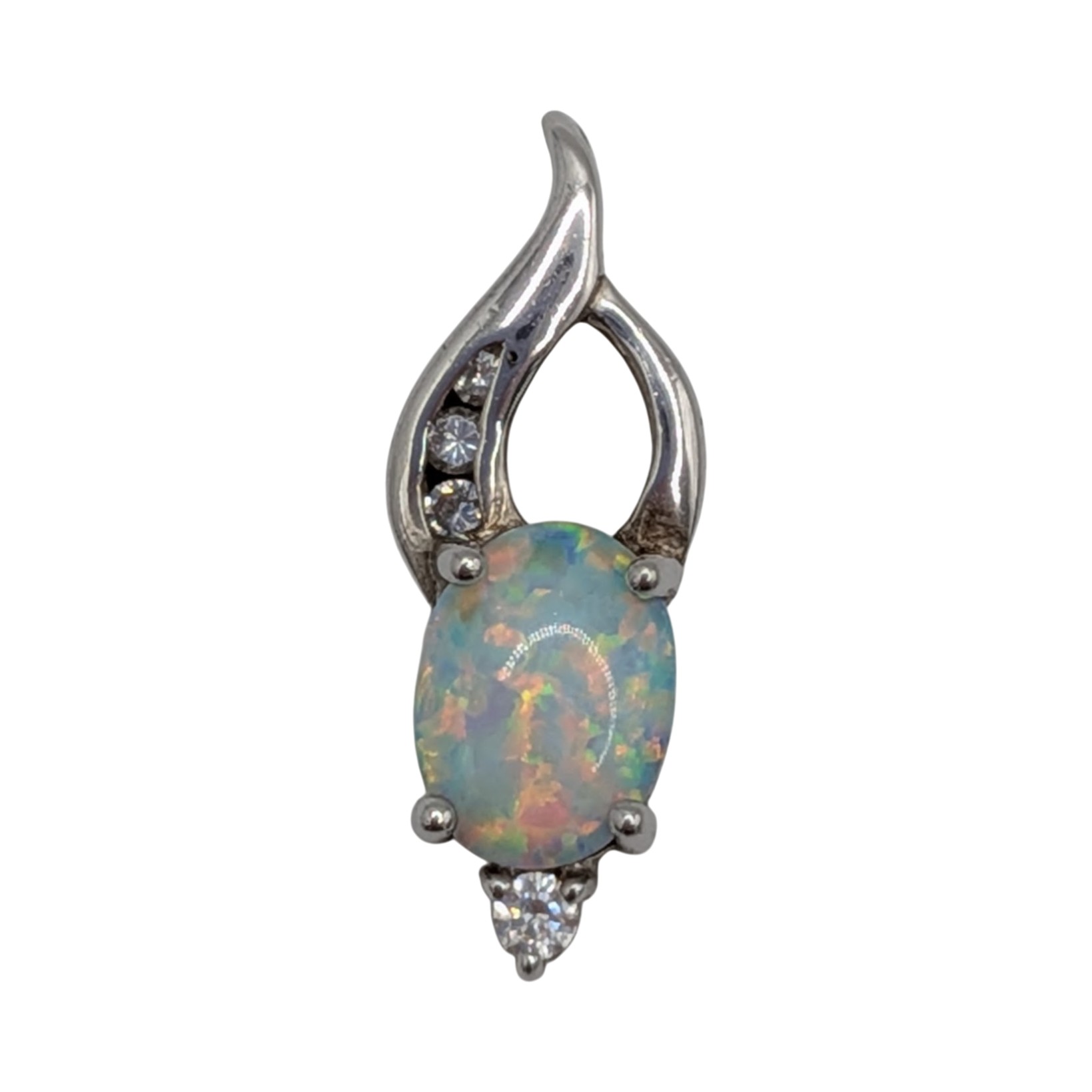Signed Sterling Silver Opal CZ Oval Slide Pendant