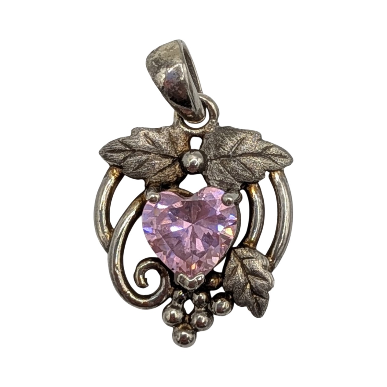 Signed Sterling Silver Rhinestone Heart Swirl Grape Leaf Pendant