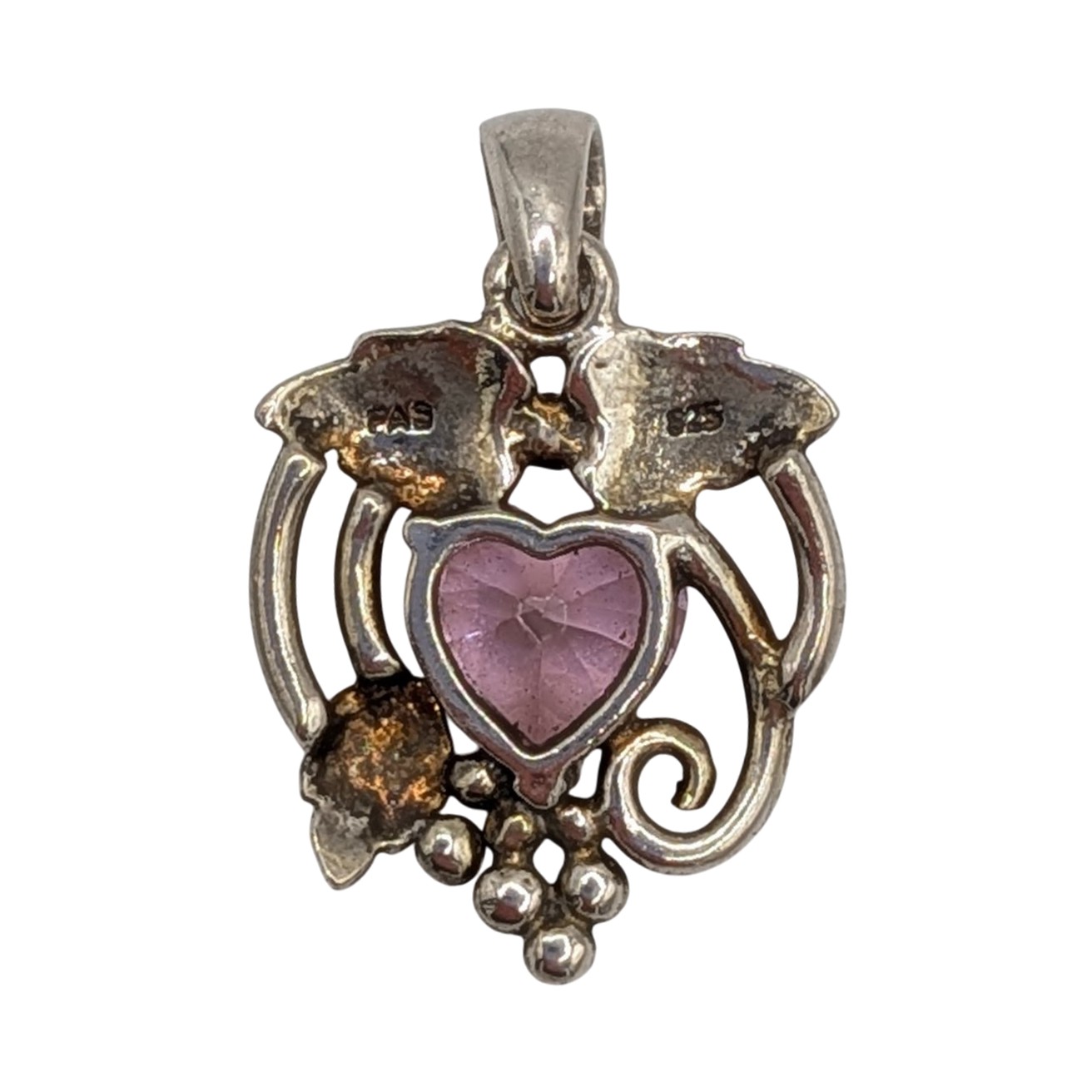 Signed Sterling Silver Rhinestone Heart Swirl Grape Leaf Pendant