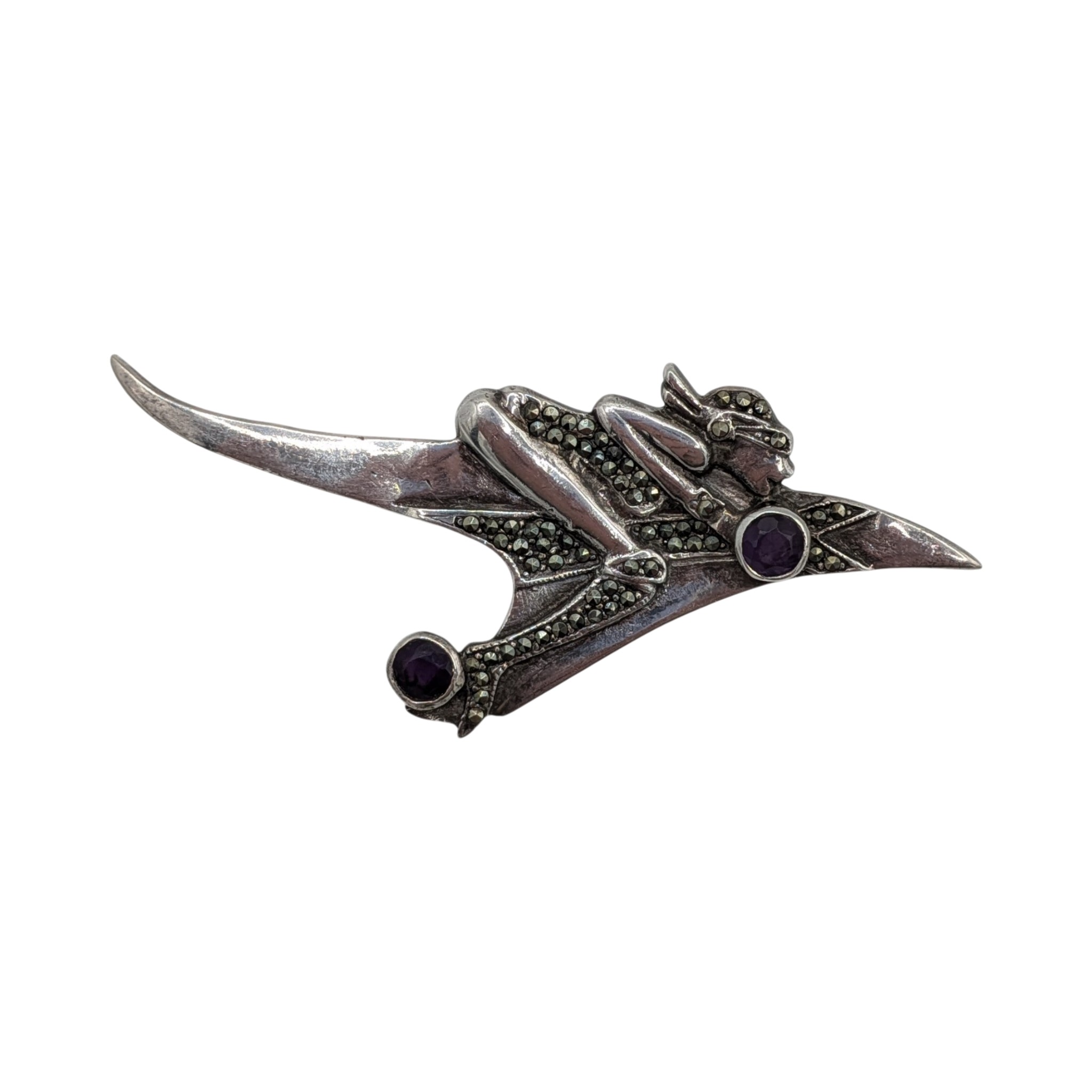 Signed Sterling Silver Amethyst Marcasite Woman Rocket Rider Brooch