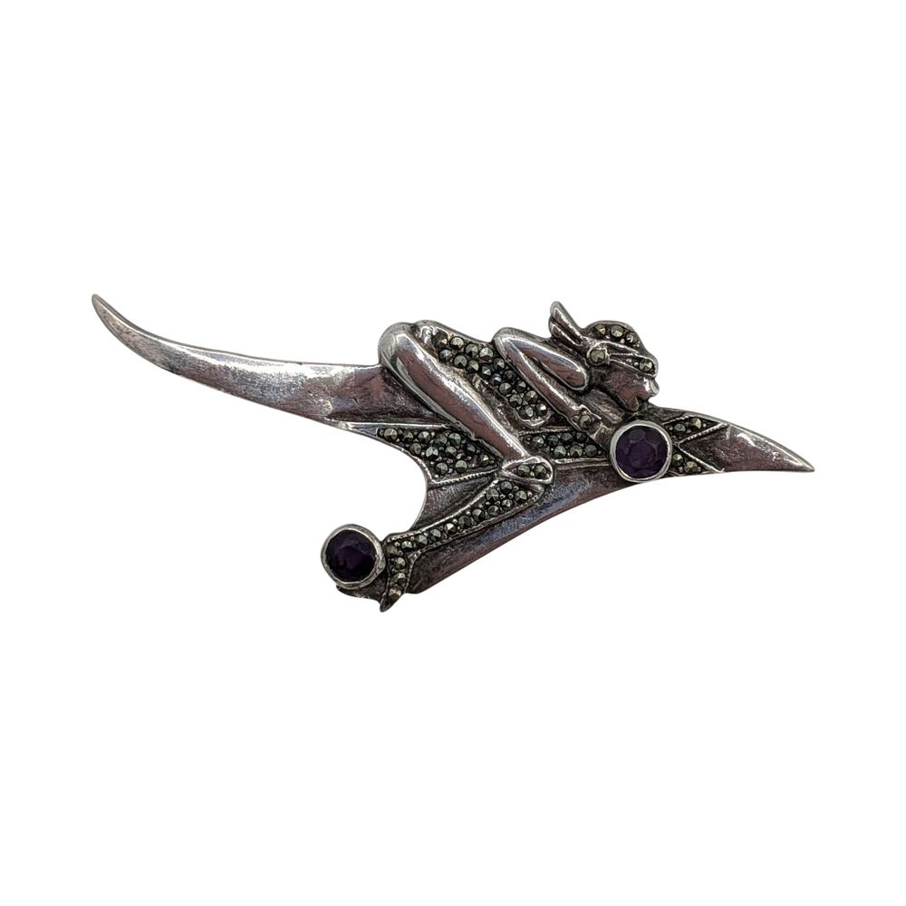 Lot 560: Signed Sterling Silver Amethyst Marcasite Woman Rocket Rider Brooch