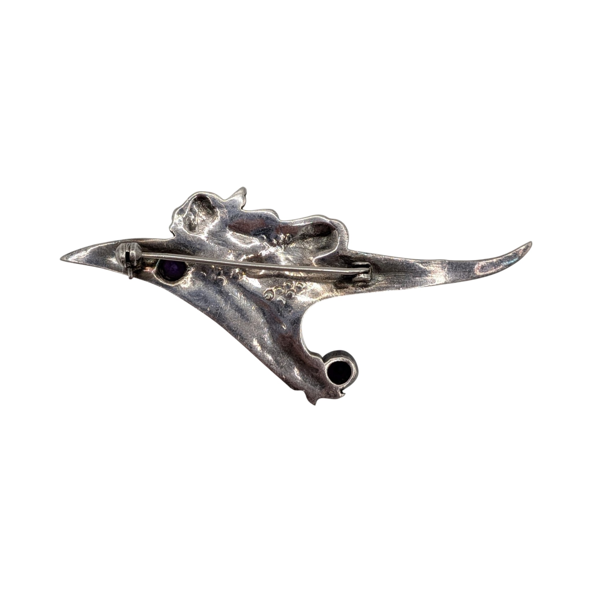 Signed Sterling Silver Amethyst Marcasite Woman Rocket Rider Brooch