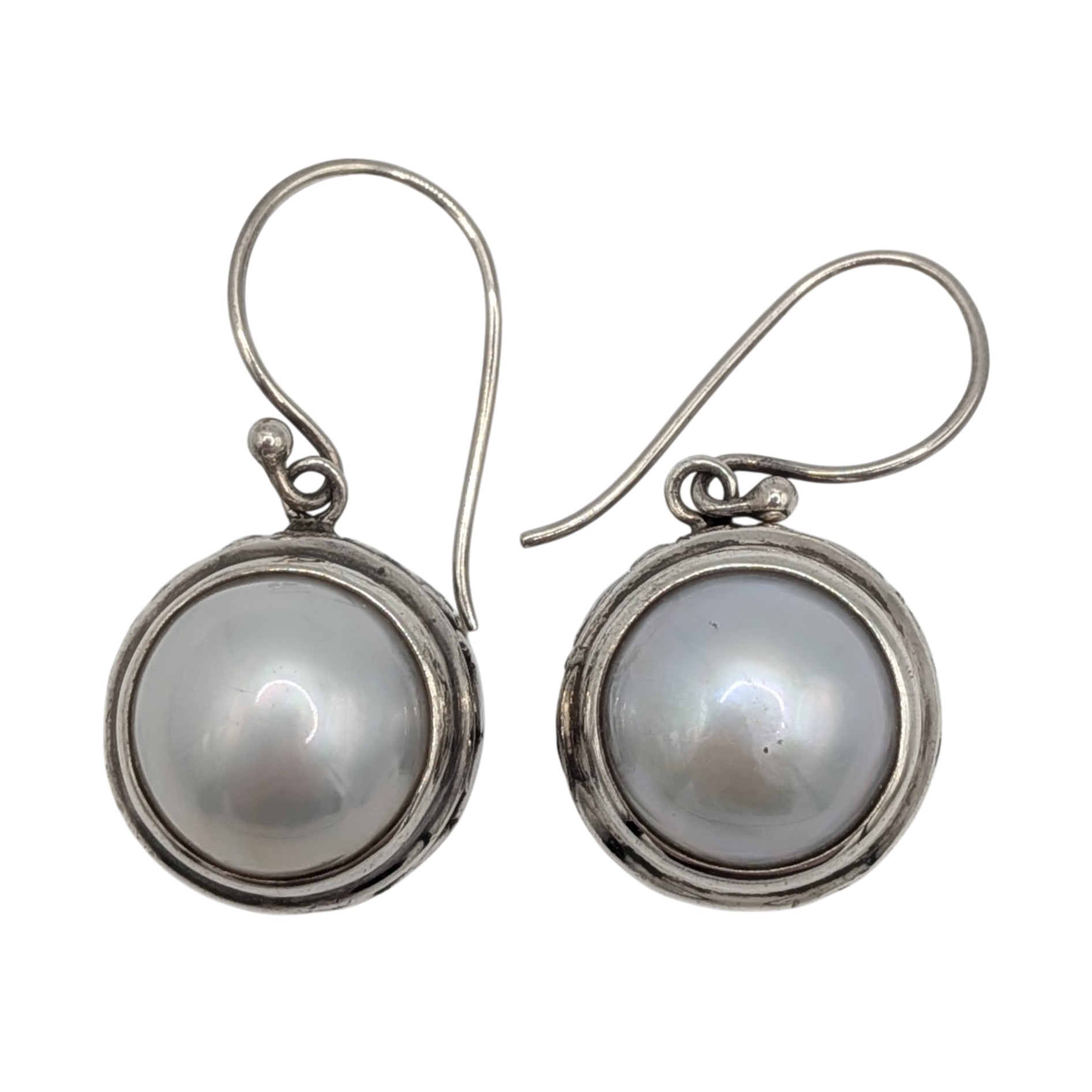 Signed Sterling Silver Pearl Scroll Cut Dangle Earrings