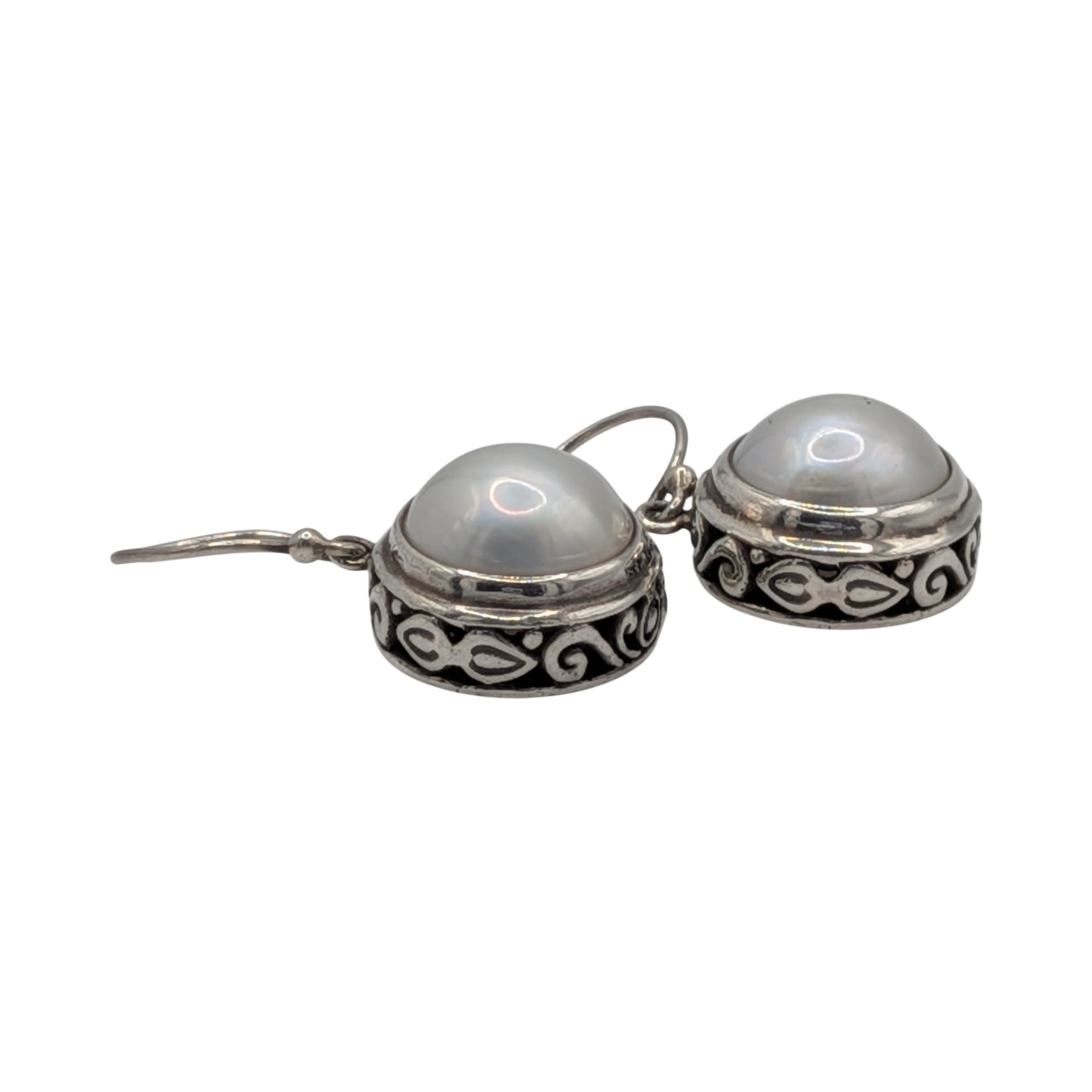 Signed Sterling Silver Pearl Scroll Cut Dangle Earrings