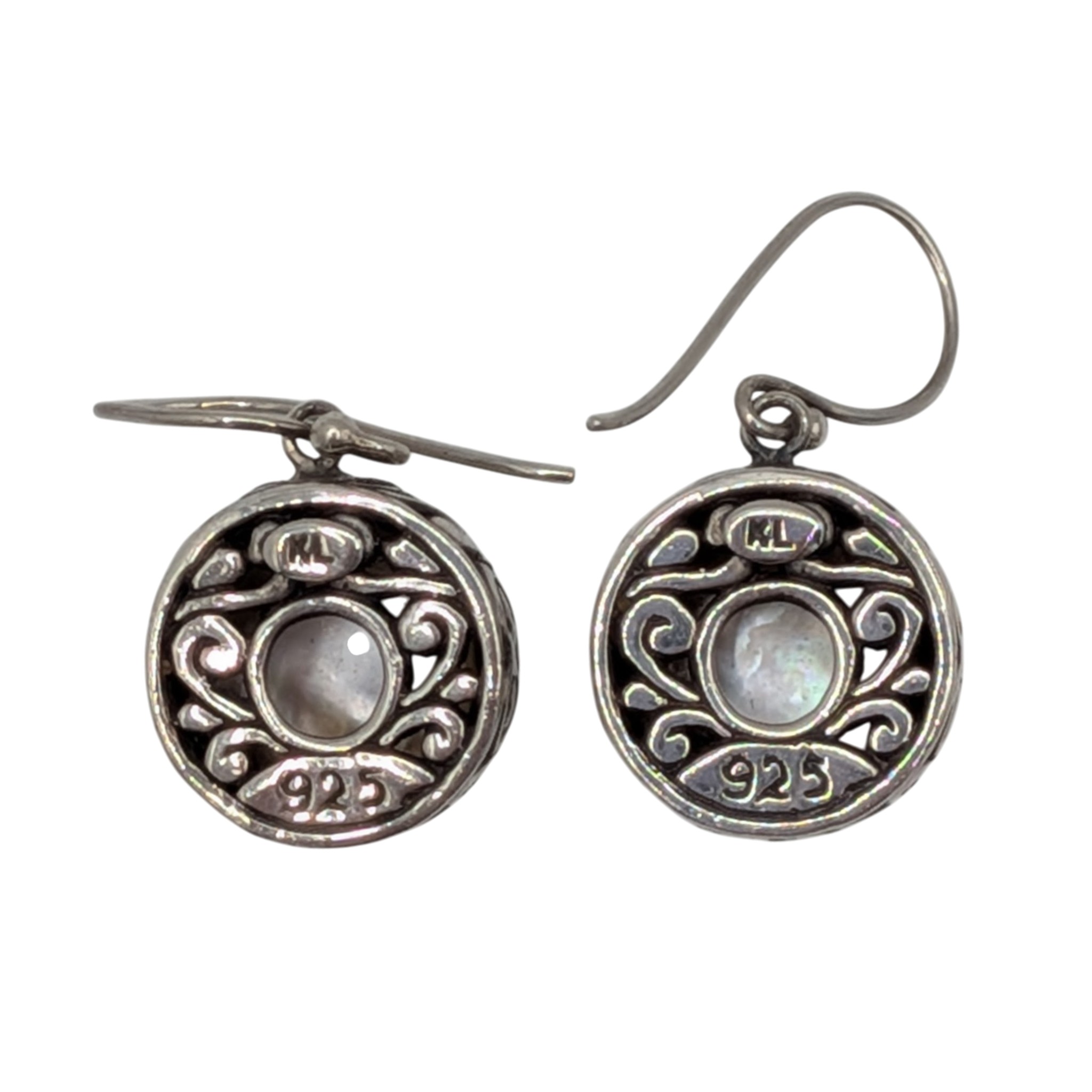 Signed Sterling Silver Pearl Scroll Cut Dangle Earrings