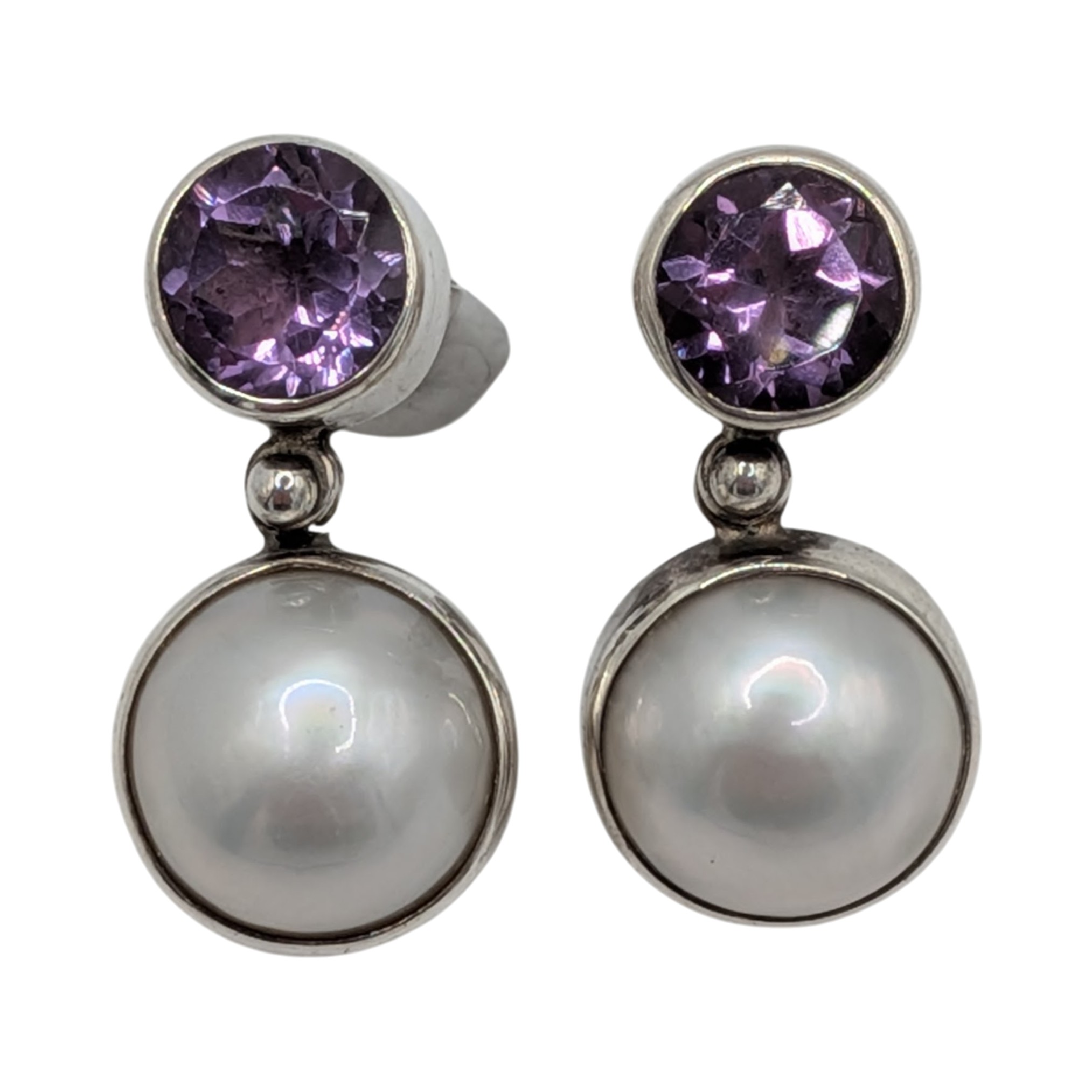 Sterling Silver Pearl Amethyst Hinge Drop Earrings