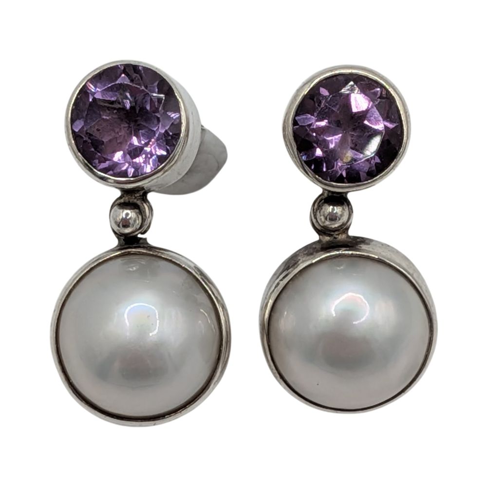 Lot 564: Sterling Silver Pearl Amethyst Hinge Drop Earrings