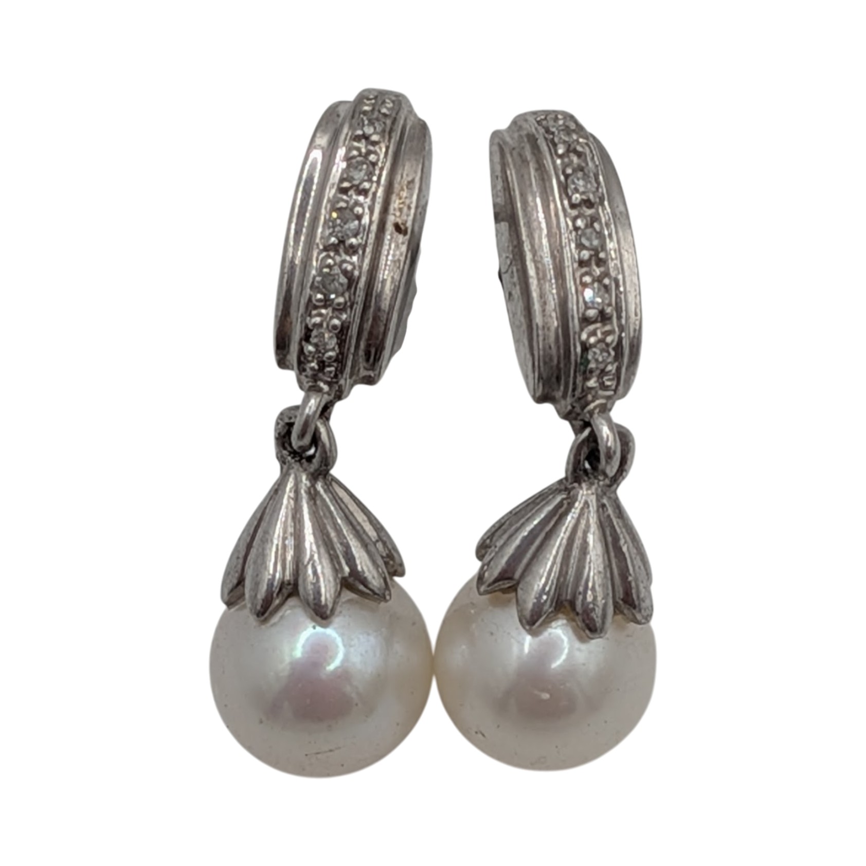 Signed Sterling Silver Diamond Pearl Drop Stud Earrings