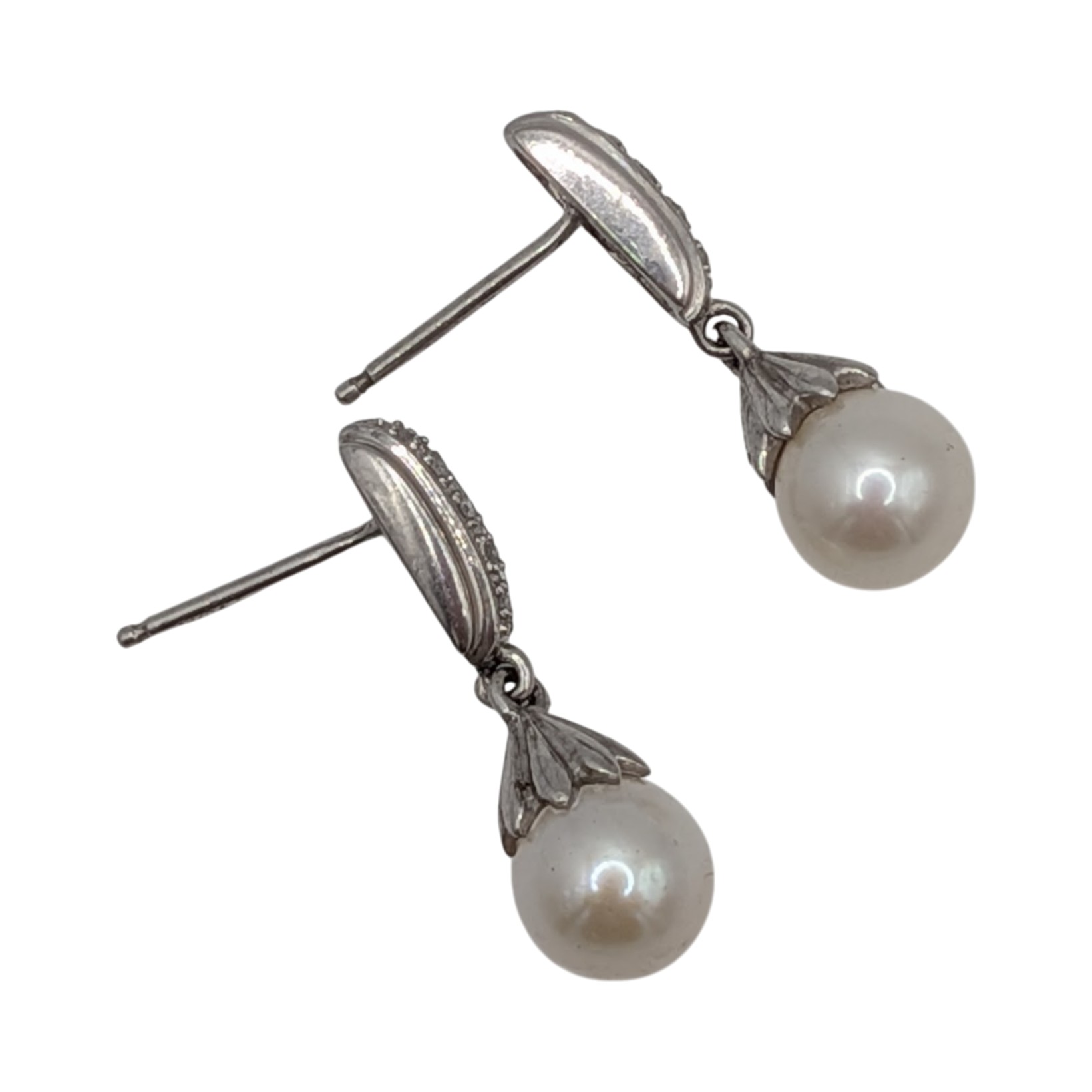 Signed Sterling Silver Diamond Pearl Drop Stud Earrings