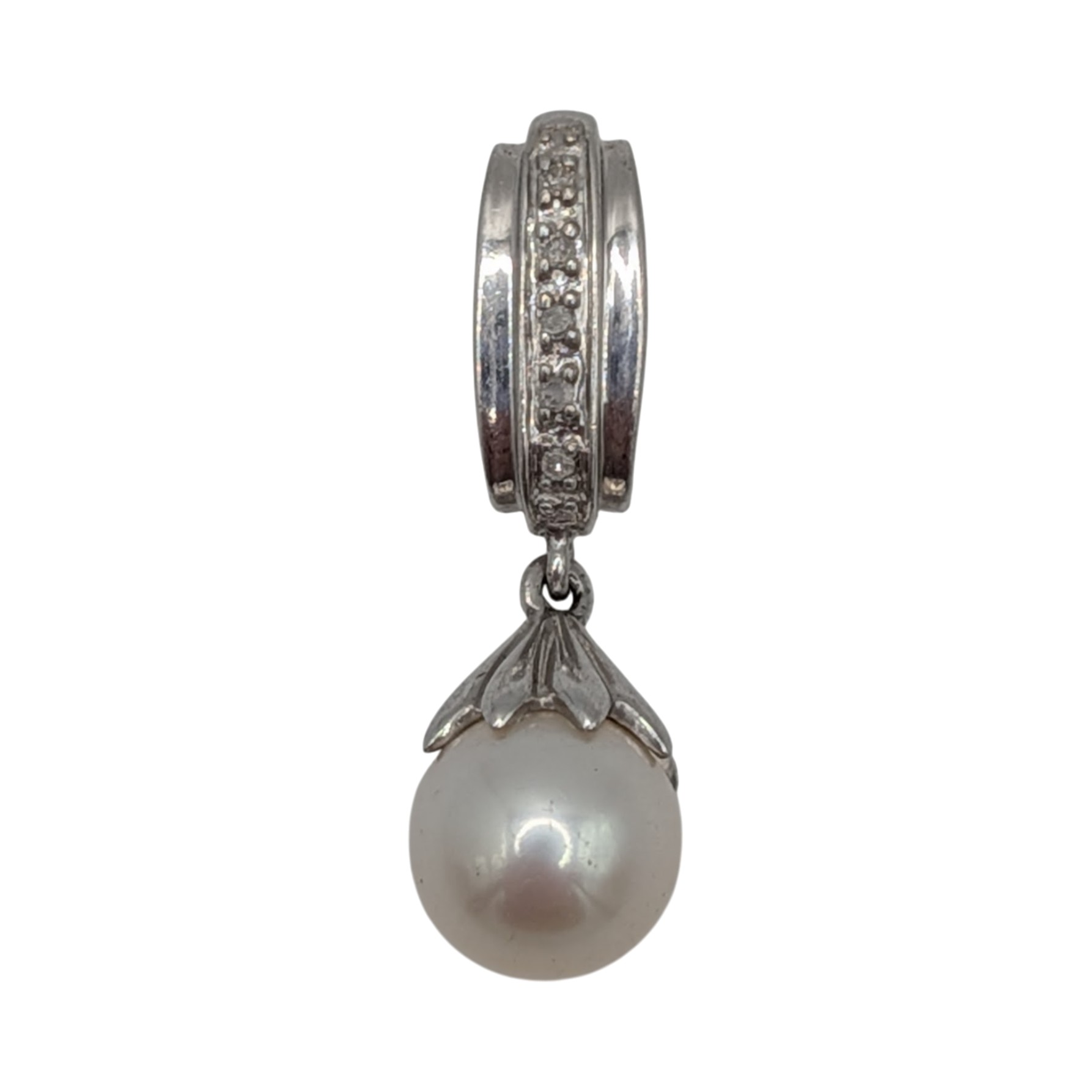 Signed Sterling Silver Diamond Pearl Drop Slide Pendant