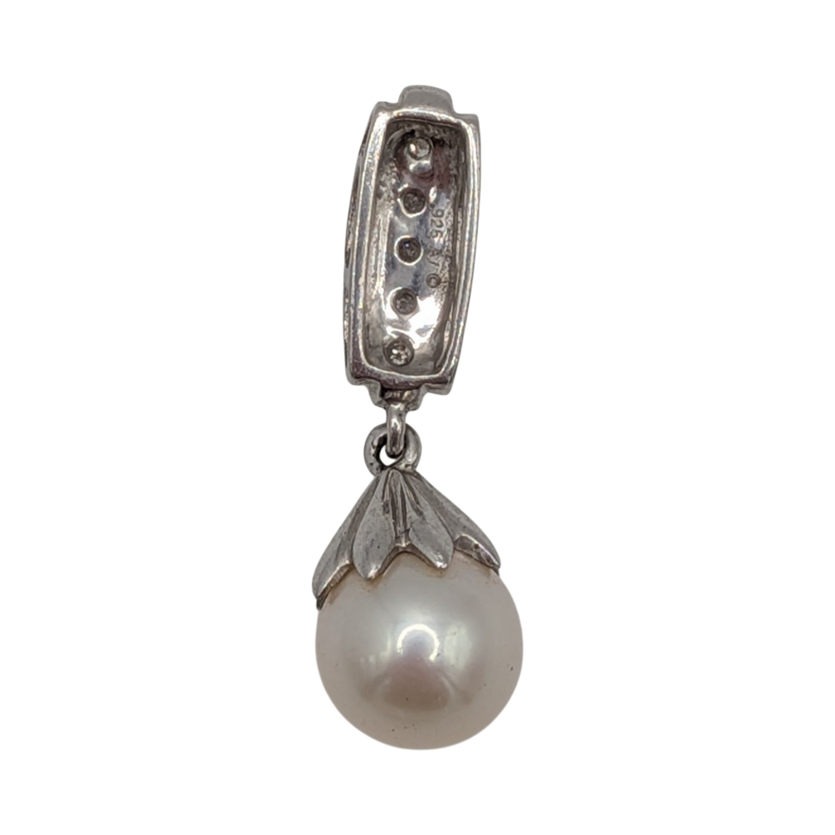 Signed Sterling Silver Diamond Pearl Drop Slide Pendant