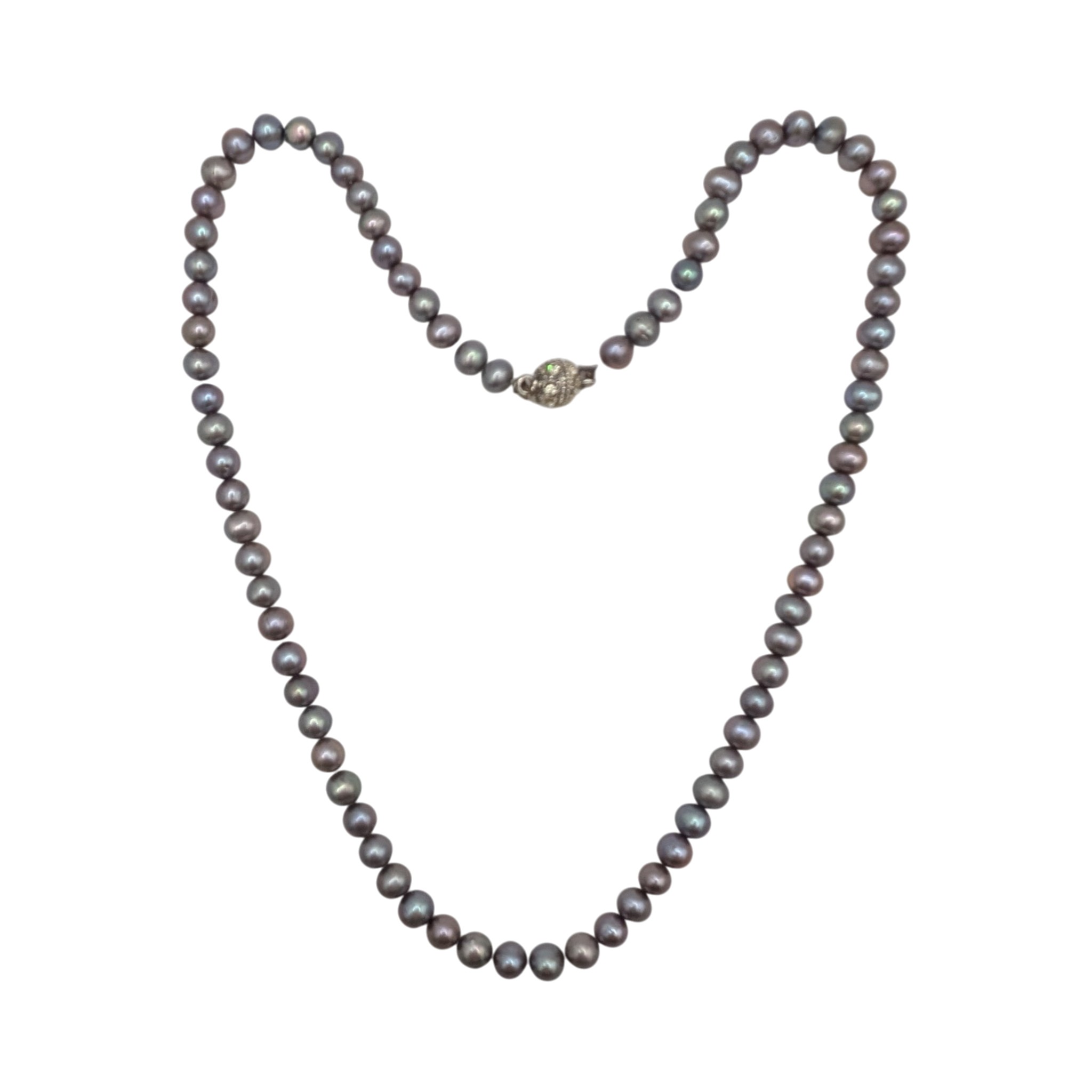 Silver Tone Metal Lavender Pearl Strand Rhinestone Necklace