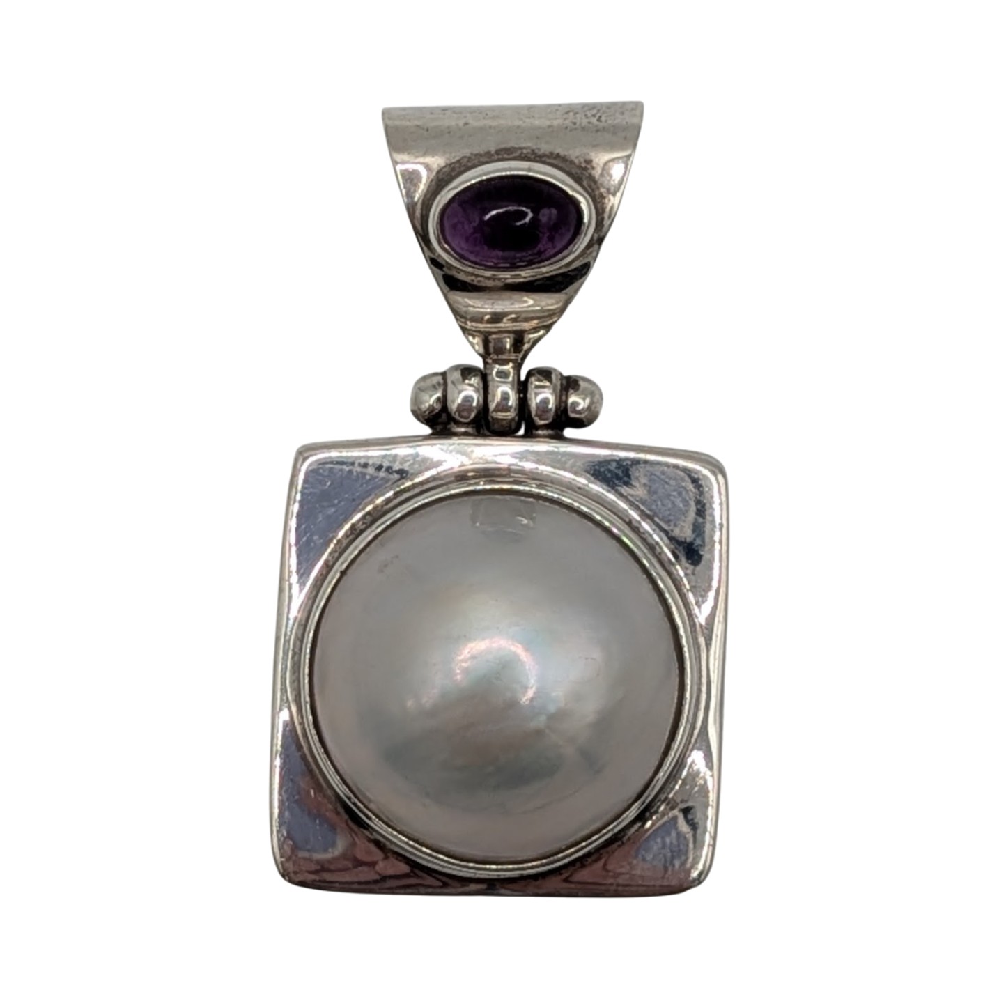 Signed Sterling Silver Pearl Amethyst Square Hinge Pendant
