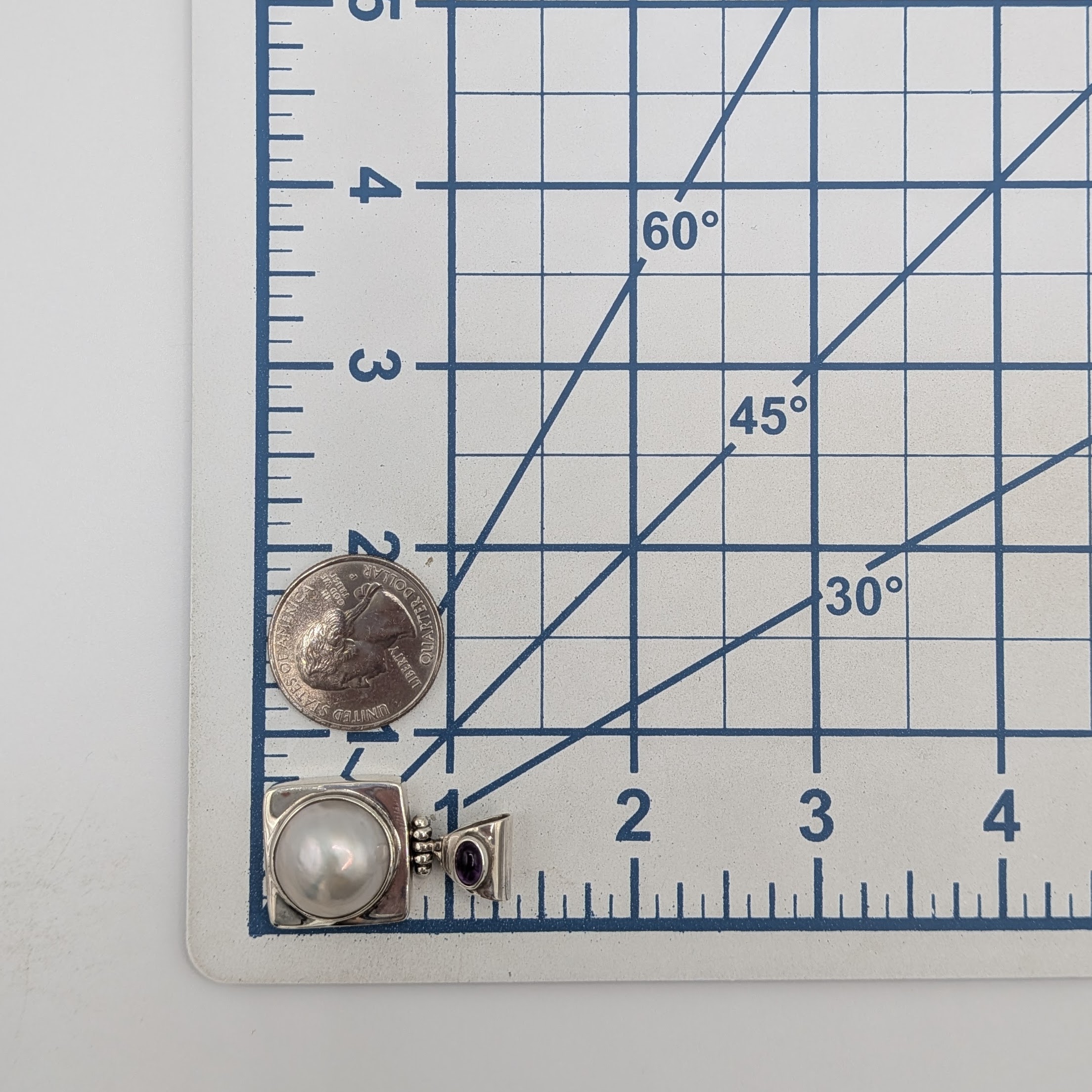 Signed Sterling Silver Pearl Amethyst Square Hinge Pendant