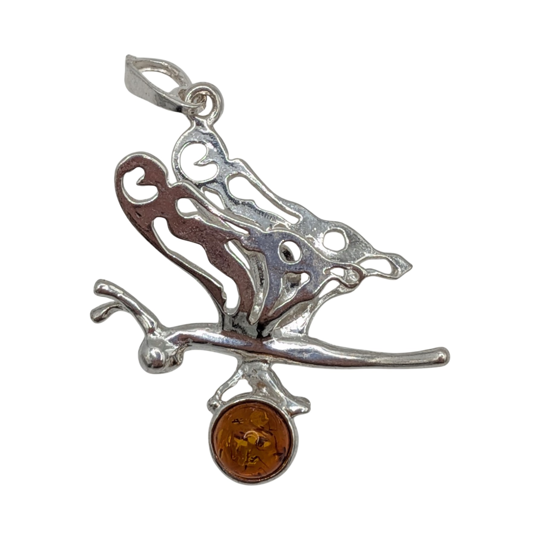 Sterling Silver Amber Butterfly Profile Pendant
