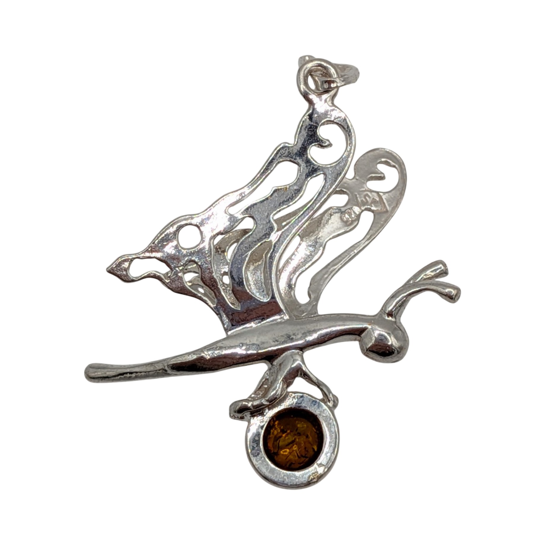 Sterling Silver Amber Butterfly Profile Pendant