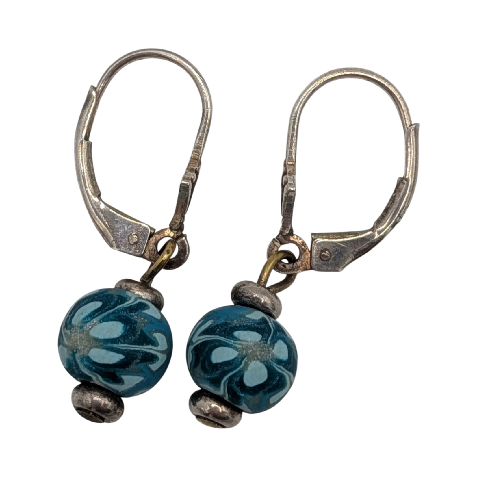 Sterling Silver Blue Polymer Flower Bead Drop Earrings