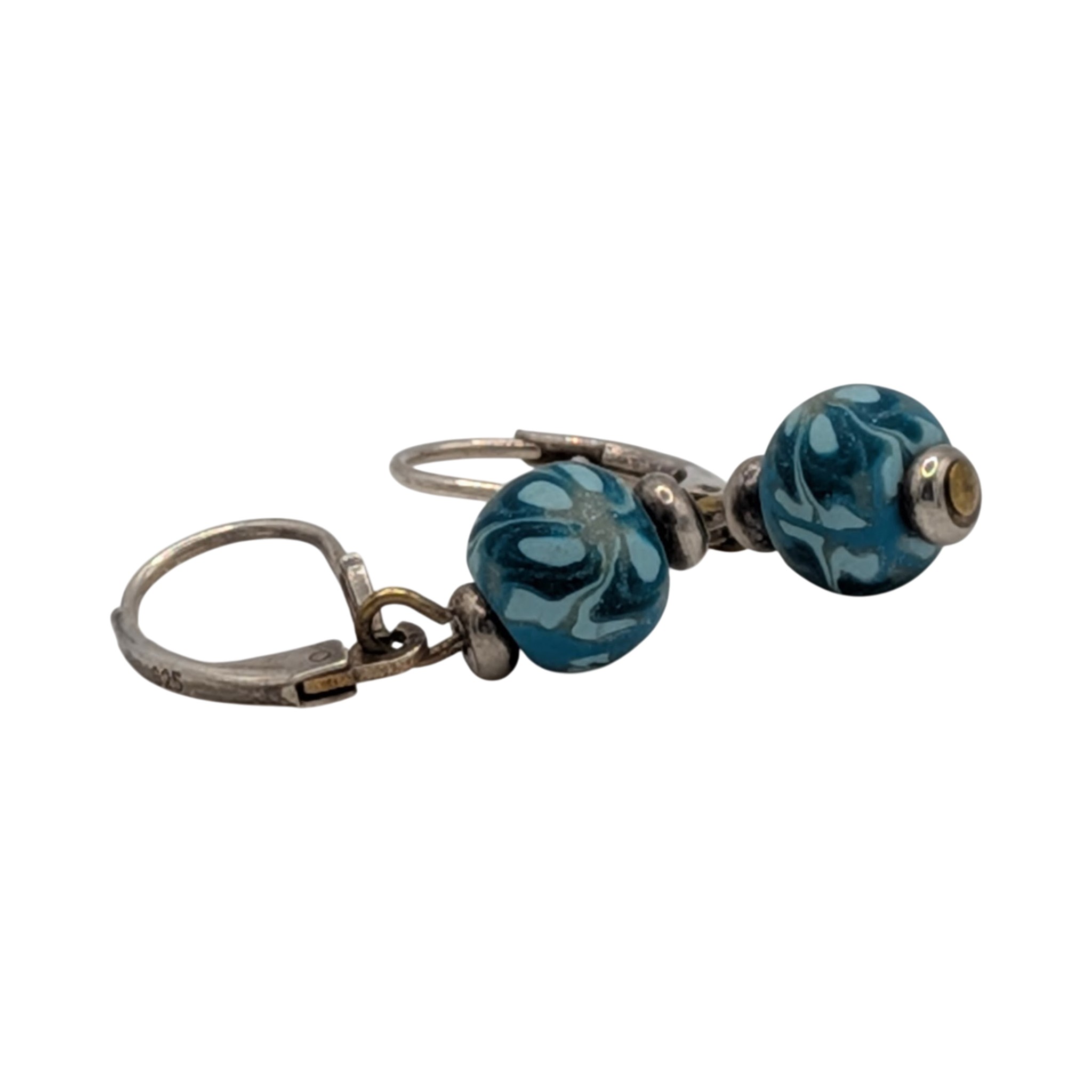 Sterling Silver Blue Polymer Flower Bead Drop Earrings