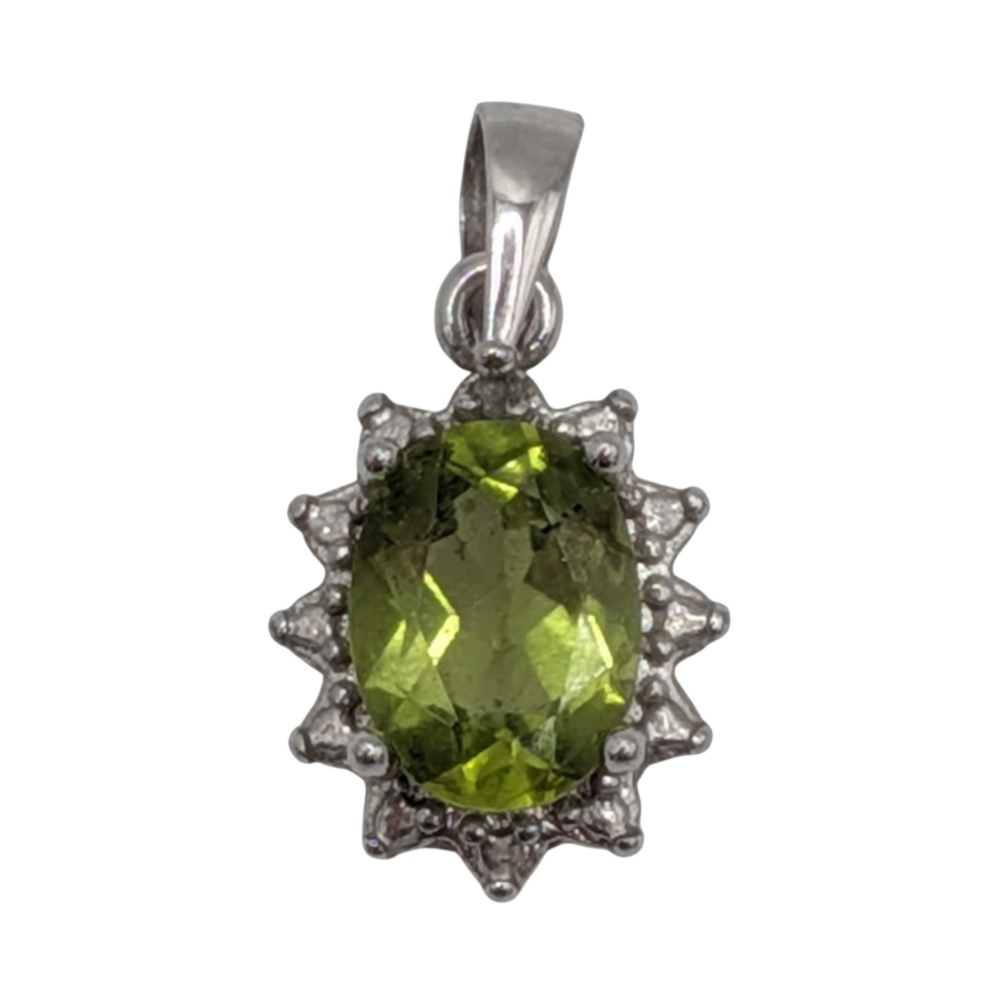 Signed Sterling Silver Diamond Peridot Oval Cut Pendant