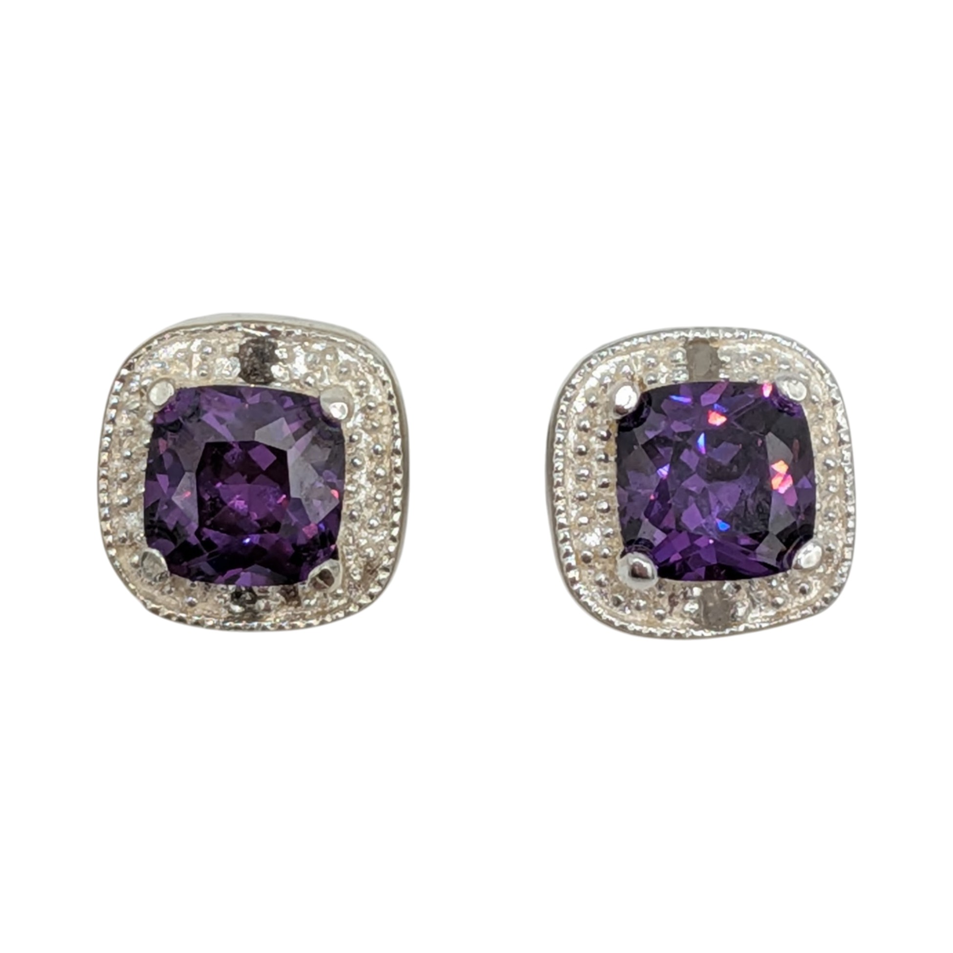 Signed Sterling Silver Diamond Amethyst Halo Stud Earrings