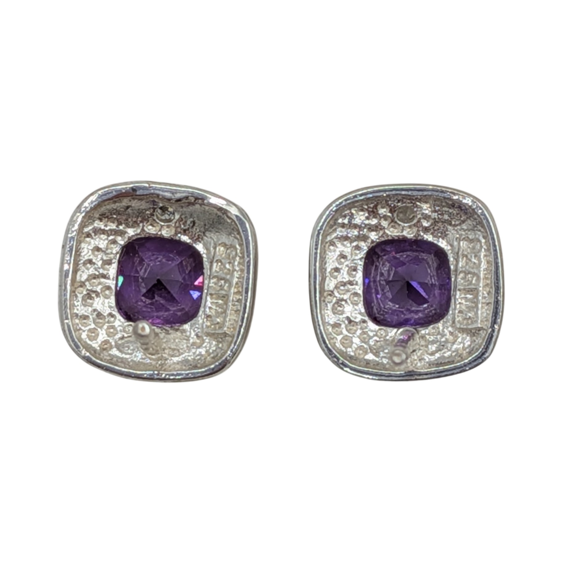 Signed Sterling Silver Diamond Amethyst Halo Stud Earrings