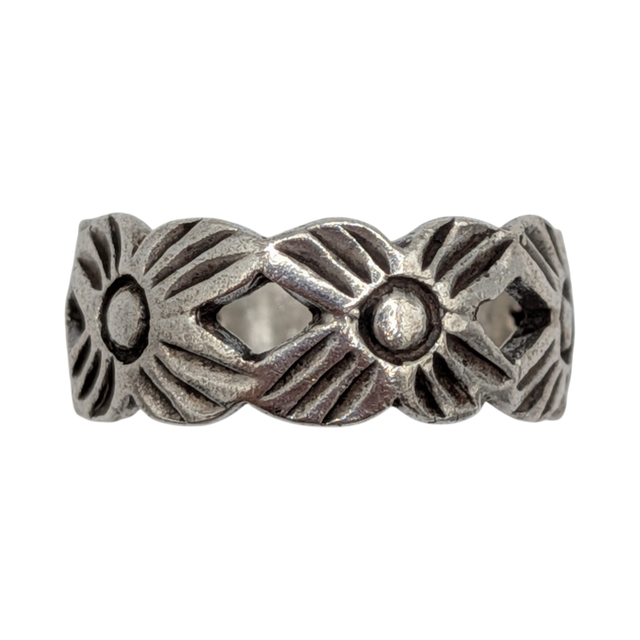 Signed Sterling Silver Flower Engraved Band Ring Size 5