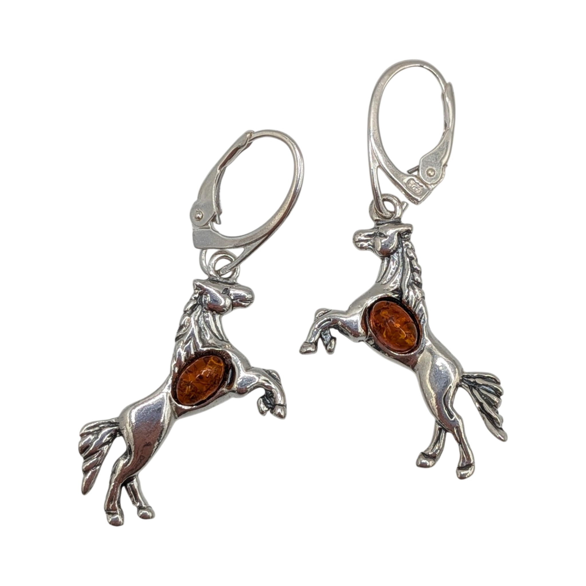 Signed Sterling Silver Amber Horse Drop Earrings