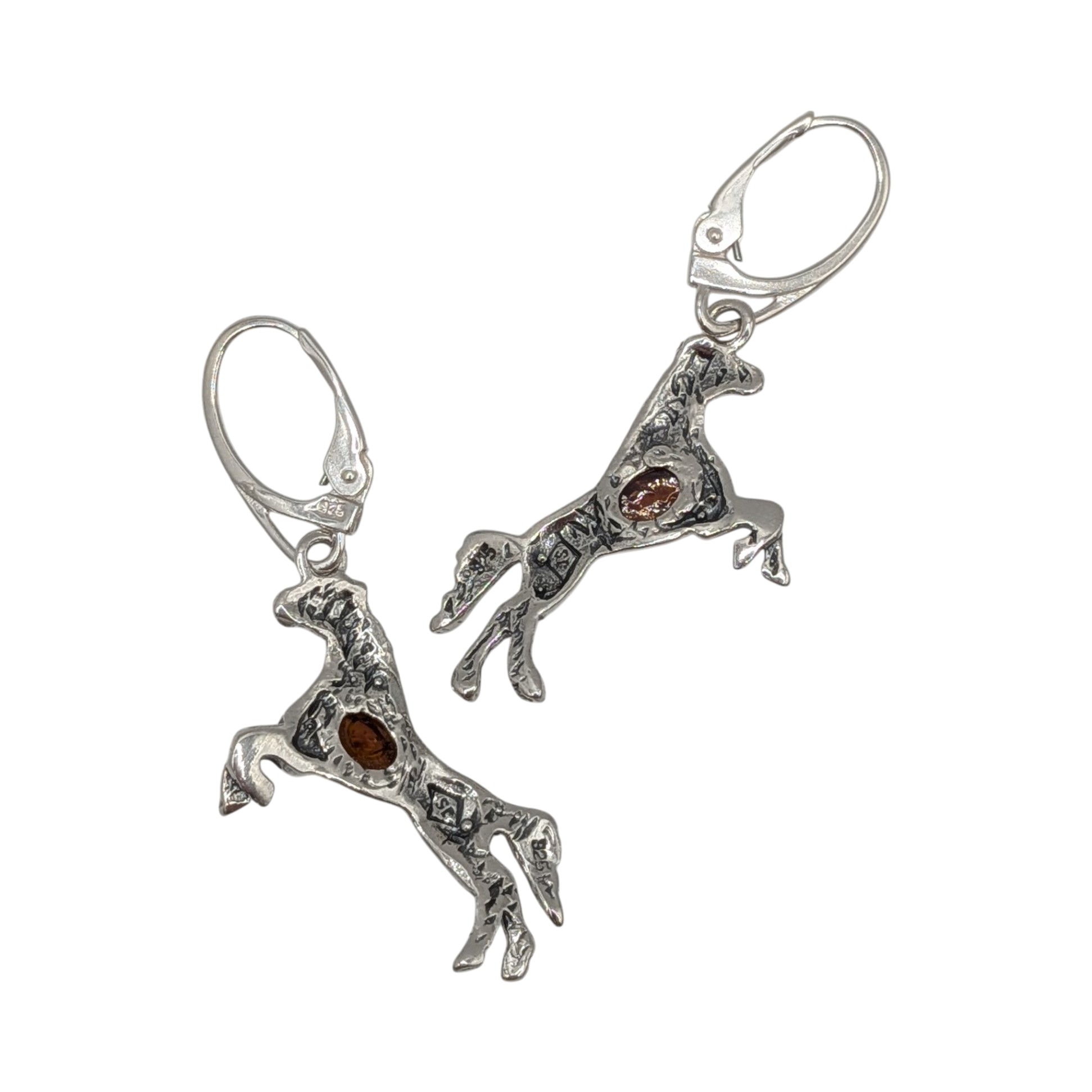 Signed Sterling Silver Amber Horse Drop Earrings