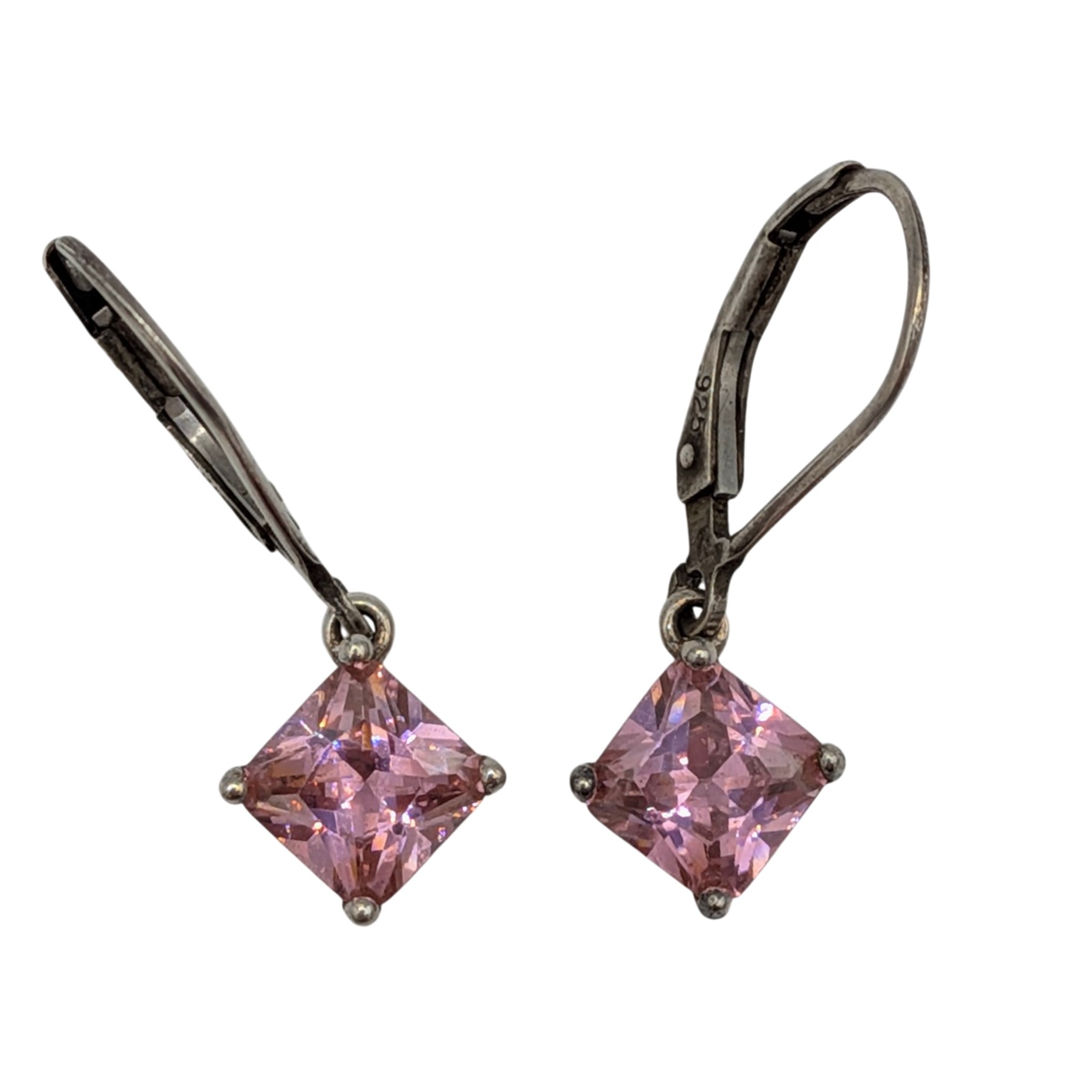 Signed Sterling Silver Pink Rhinestone Princess Cut Drop Earrings