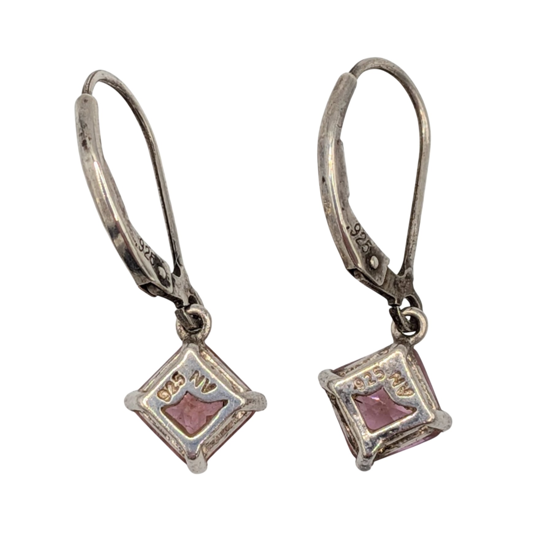 Signed Sterling Silver Pink Rhinestone Princess Cut Drop Earrings