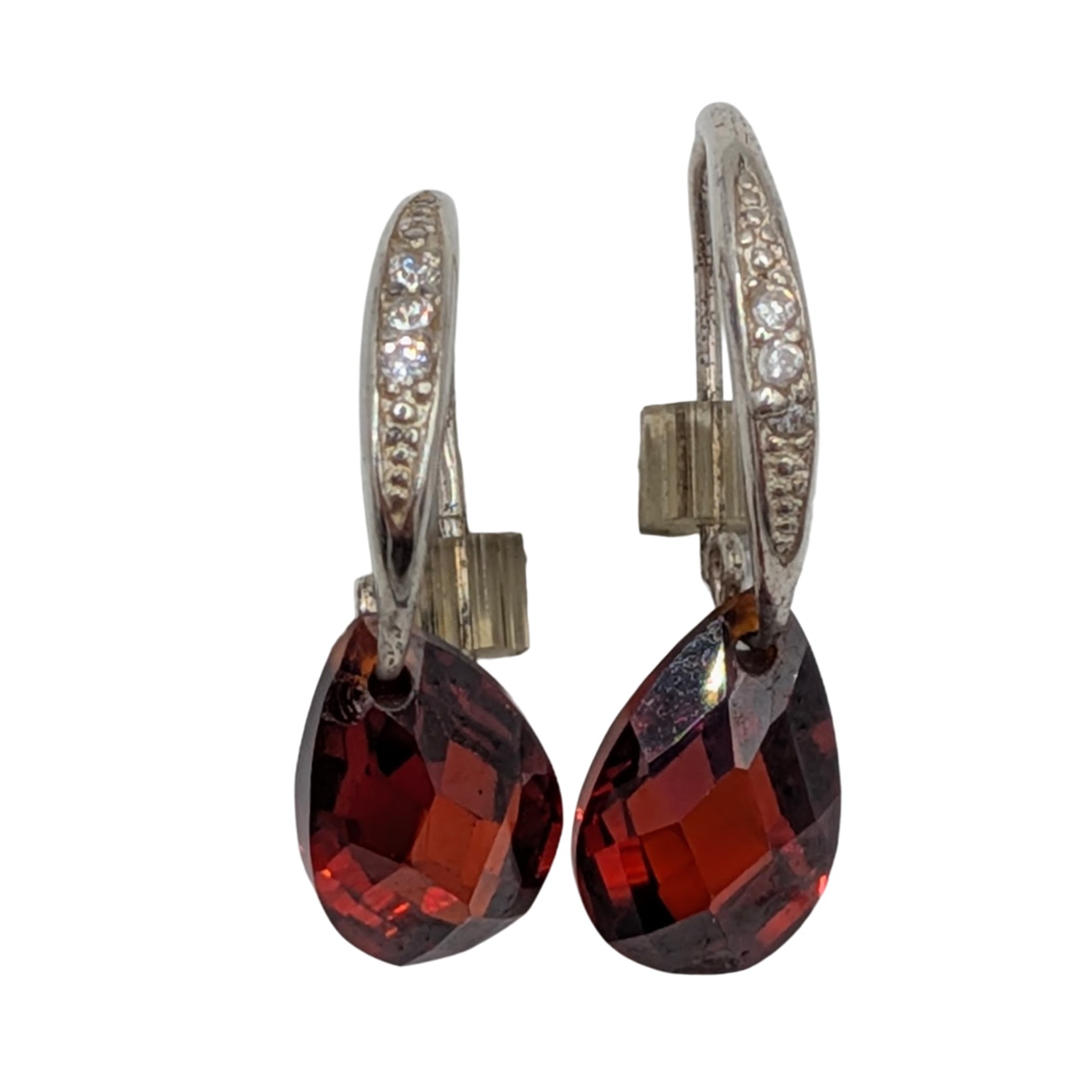 Signed Sterling Silver Rhinestone Pear Cut Drop Hoop Stud Earrings