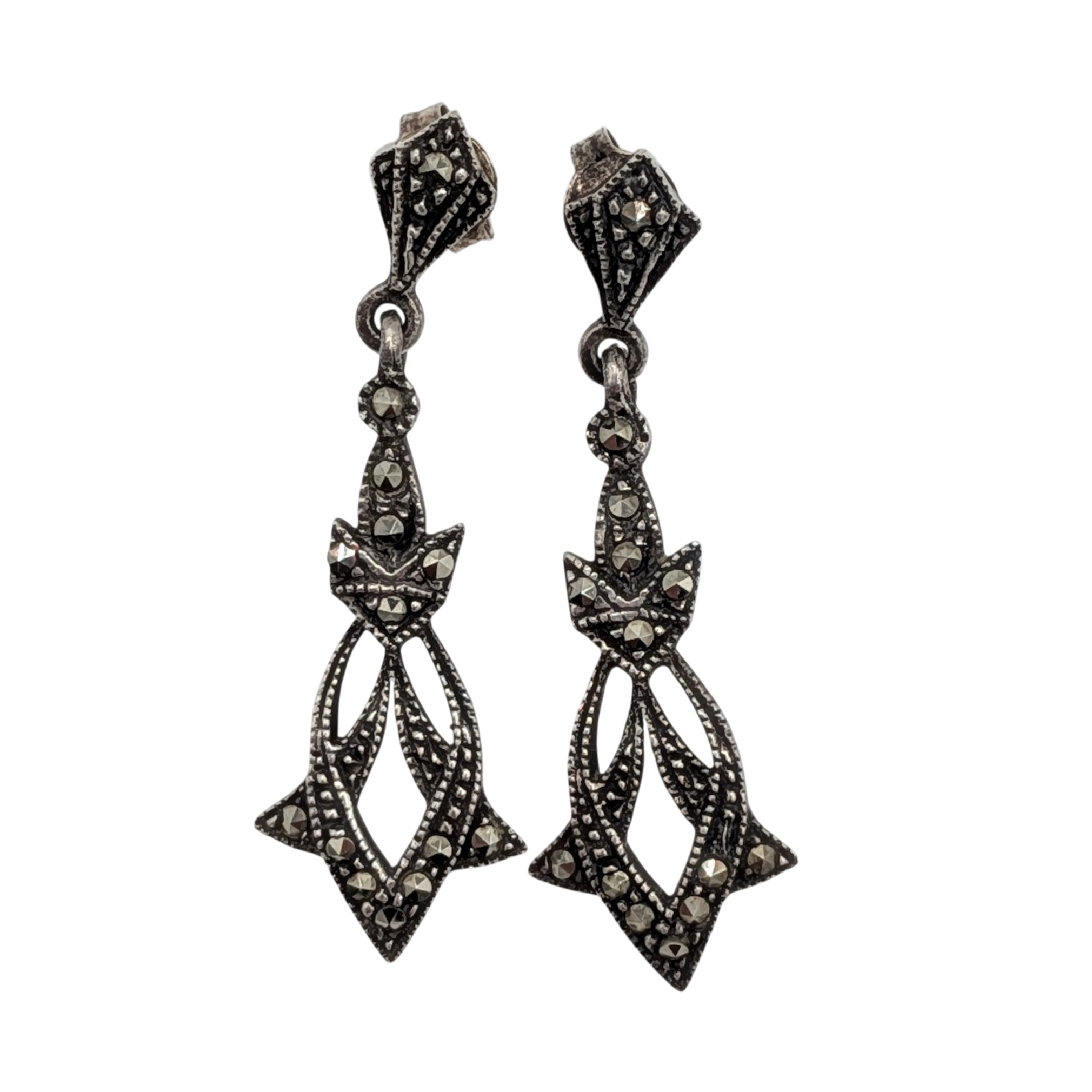 Signed Sterling Silver Marcasite Deco Dangle Stud Earrings