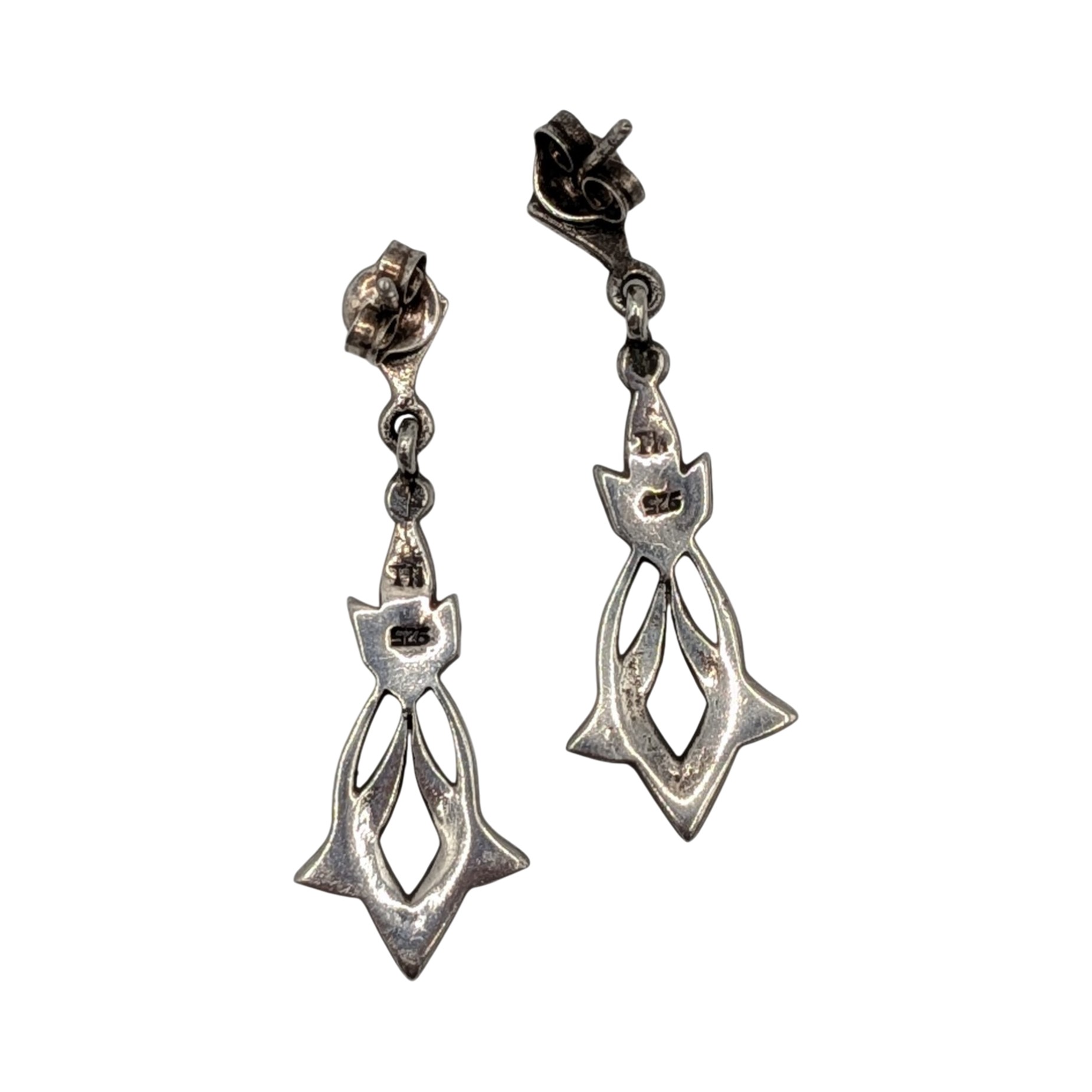 Signed Sterling Silver Marcasite Deco Dangle Stud Earrings