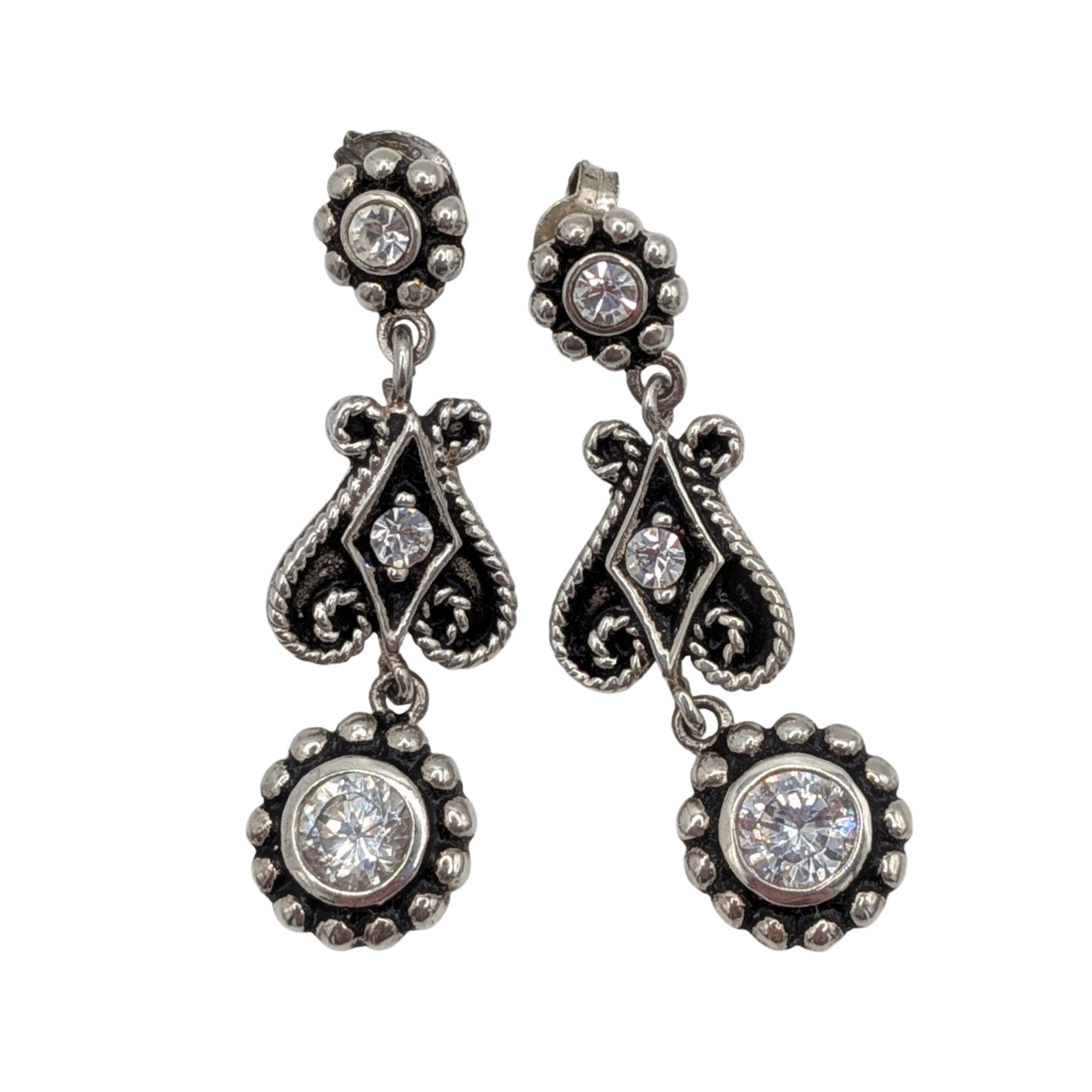 Sterling Silver Rhinestone Swirl Dangle Stud Earrings