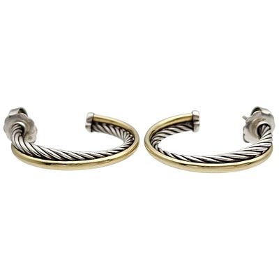 David Yurman Sterling & 18k Gold Crossover Hoop Earrings, 1.5" - 9.2g