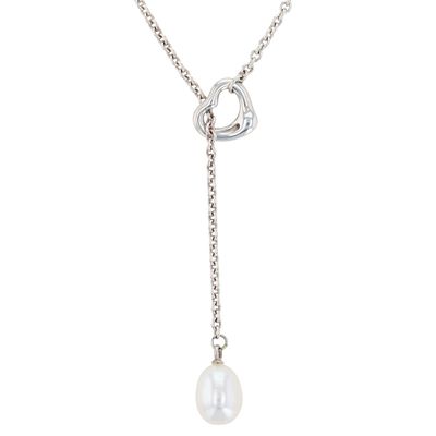Tiffany & Co. Elsa Peretti Sterling Pearl Open Heart Lariat Necklace, 8mm pearl, approx 19" 