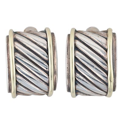 David Yurman Sterling & 14K Gold Cable Cigar Band Earrings - 13.4g